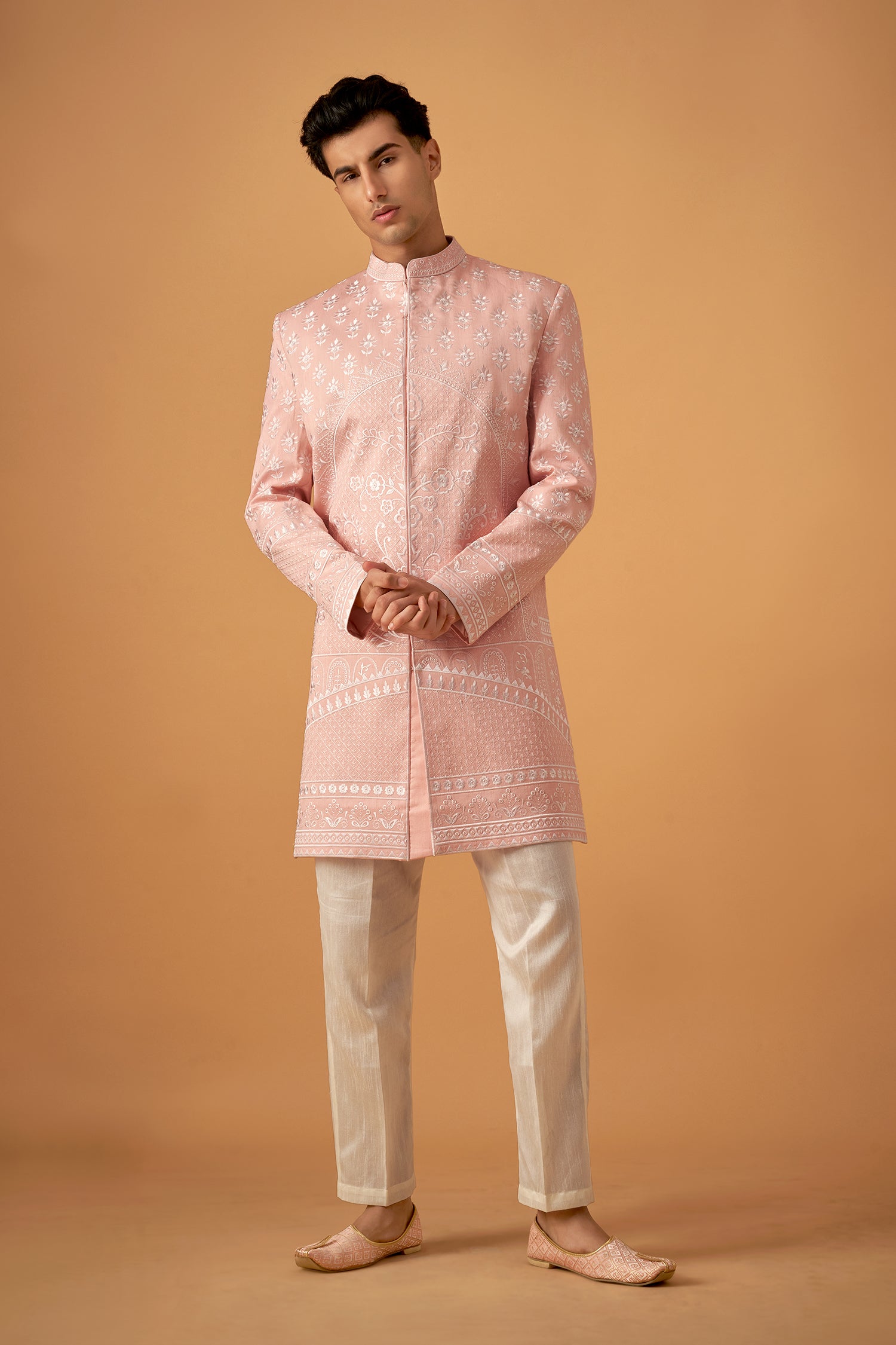 Peach Floral Embroidered Sherwani Set