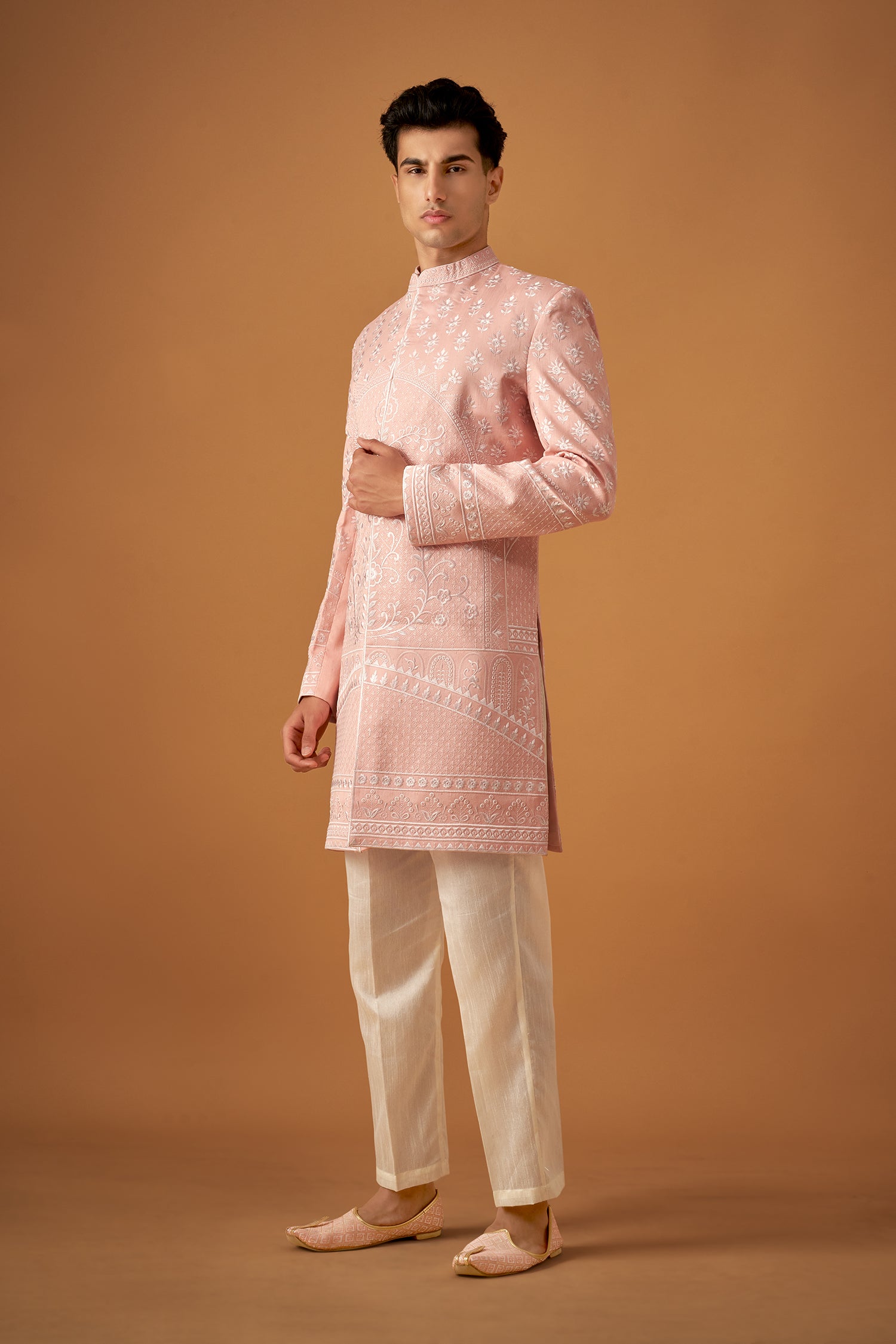 Peach Floral Embroidered Sherwani Set