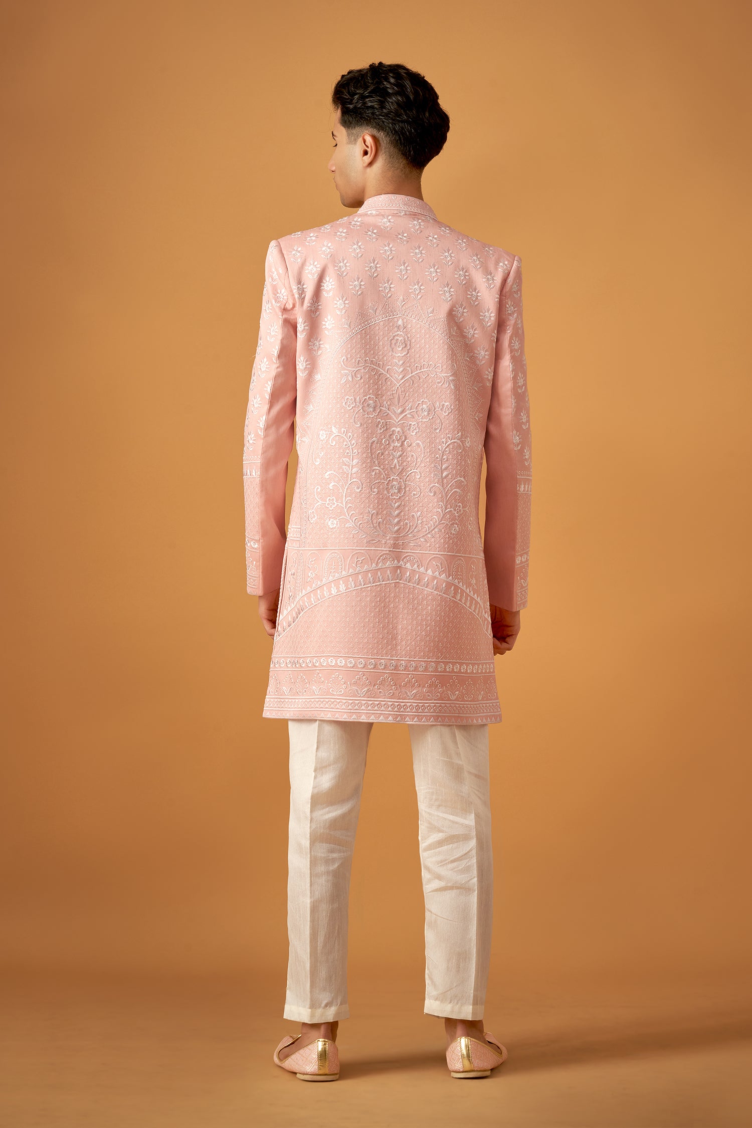 Peach Floral Embroidered Sherwani Set