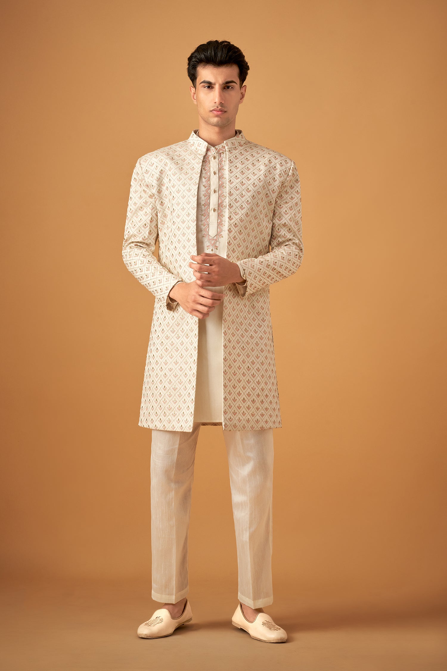 Offwhite Embroidered Sherwani Jacket And Kurta Set
