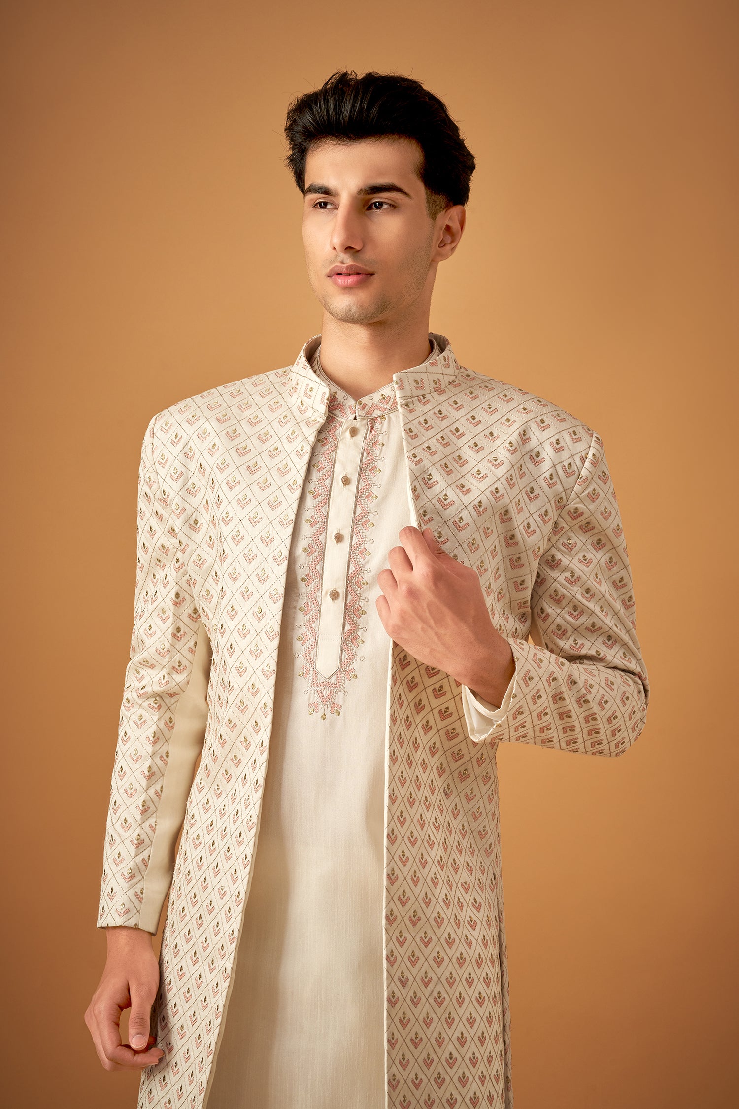 Offwhite Embroidered Sherwani Jacket And Kurta Set