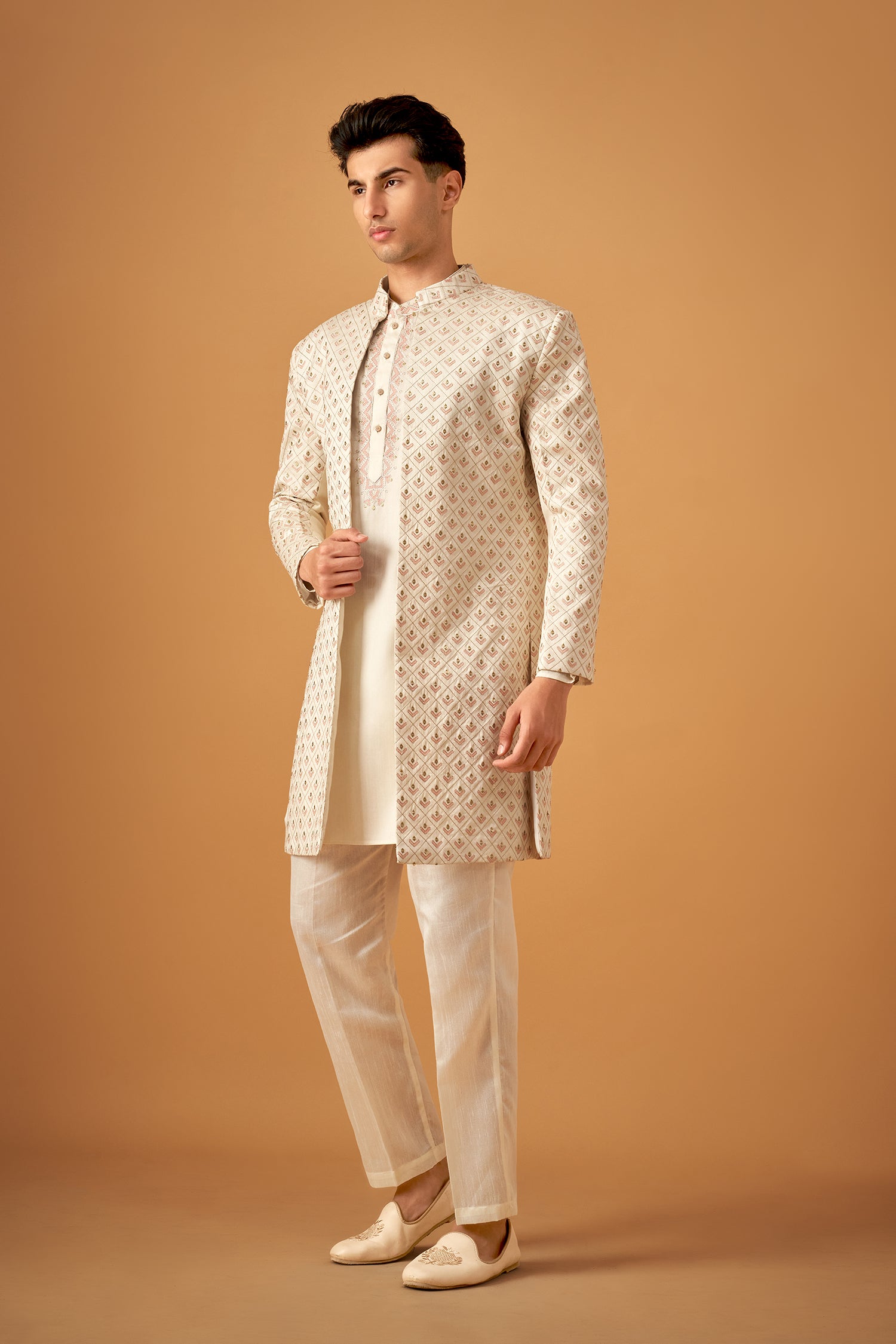 Offwhite Embroidered Sherwani Jacket And Kurta Set
