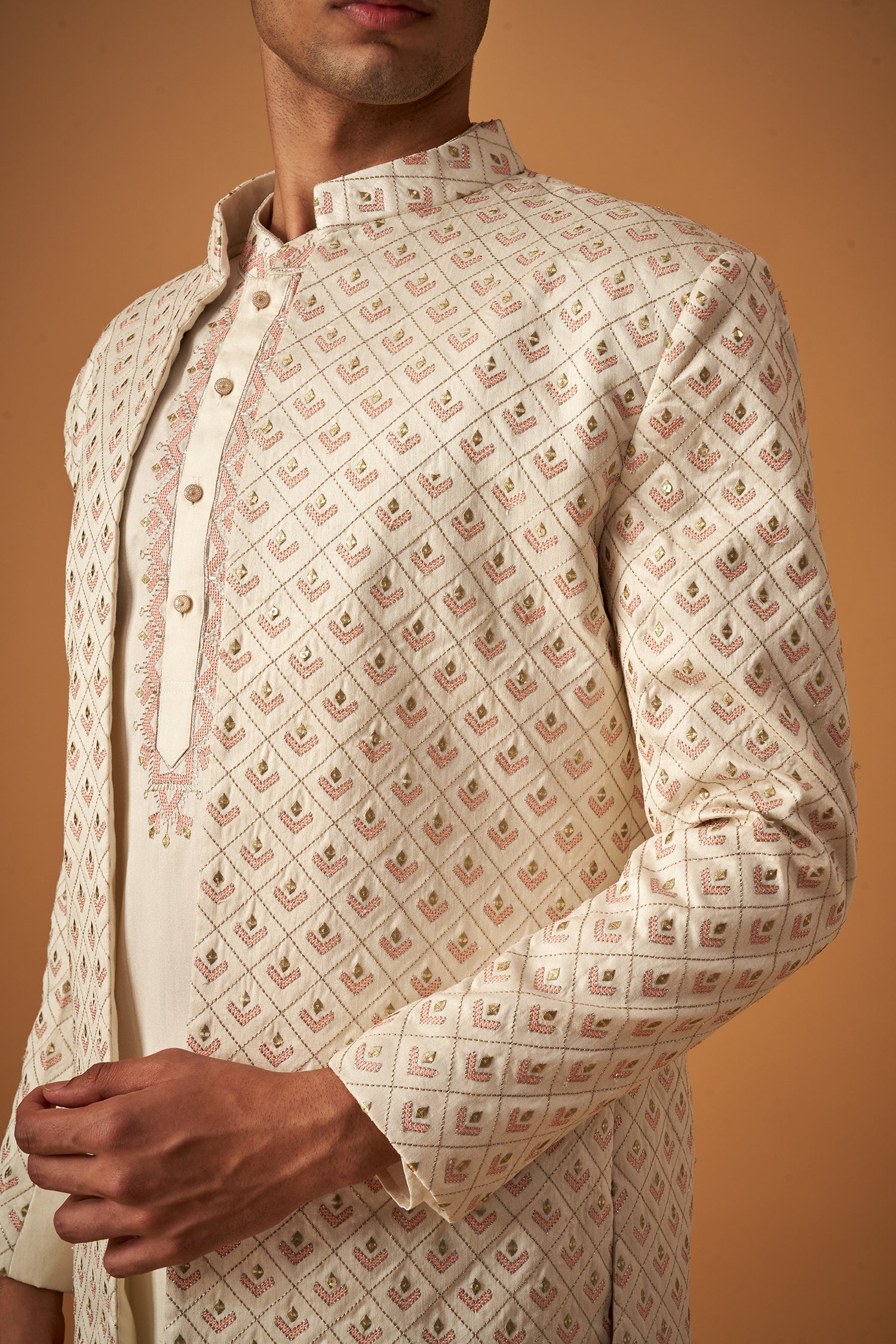 Offwhite Embroidered Sherwani Jacket And Kurta Set