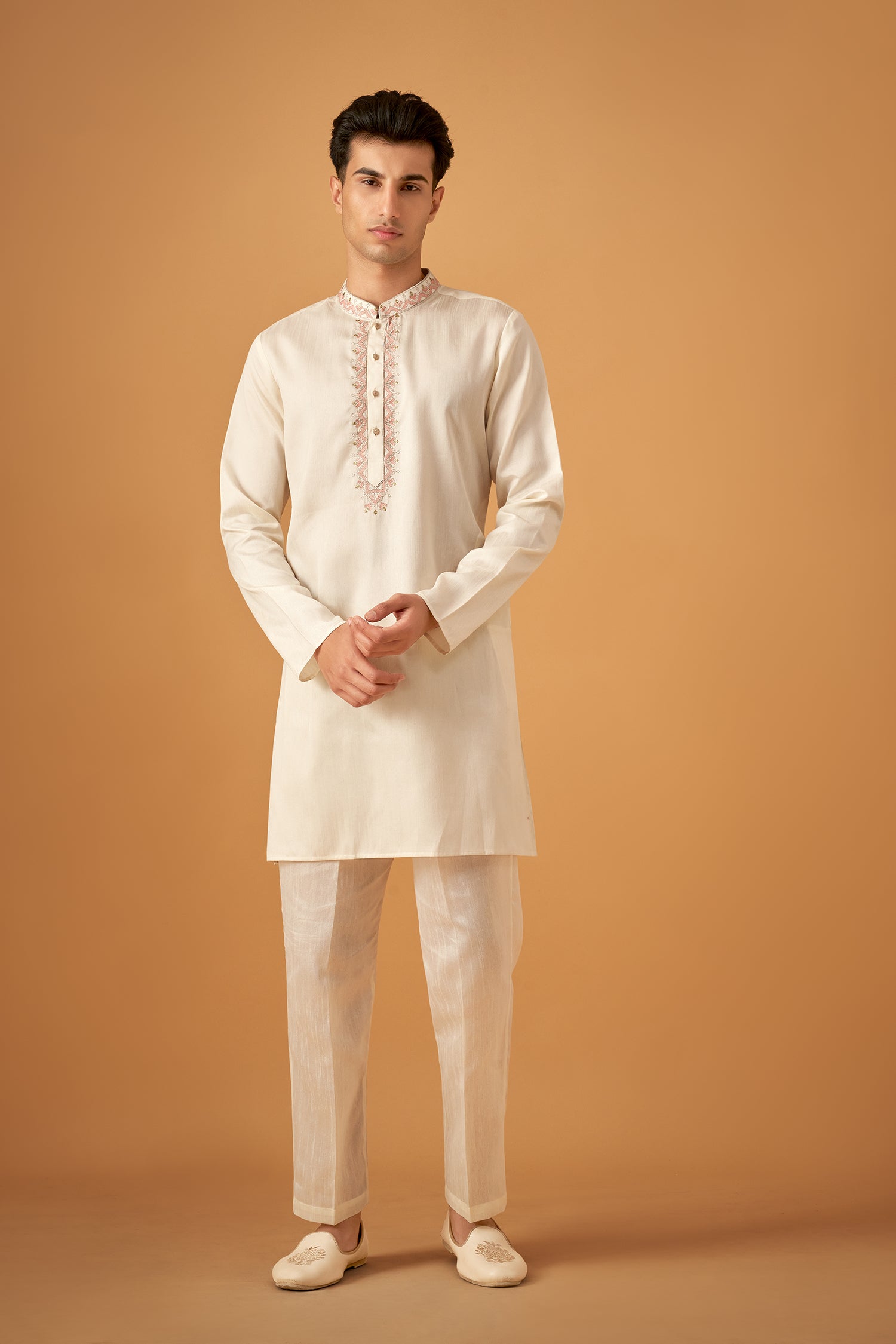Offwhite Embroidered Sherwani Jacket And Kurta Set