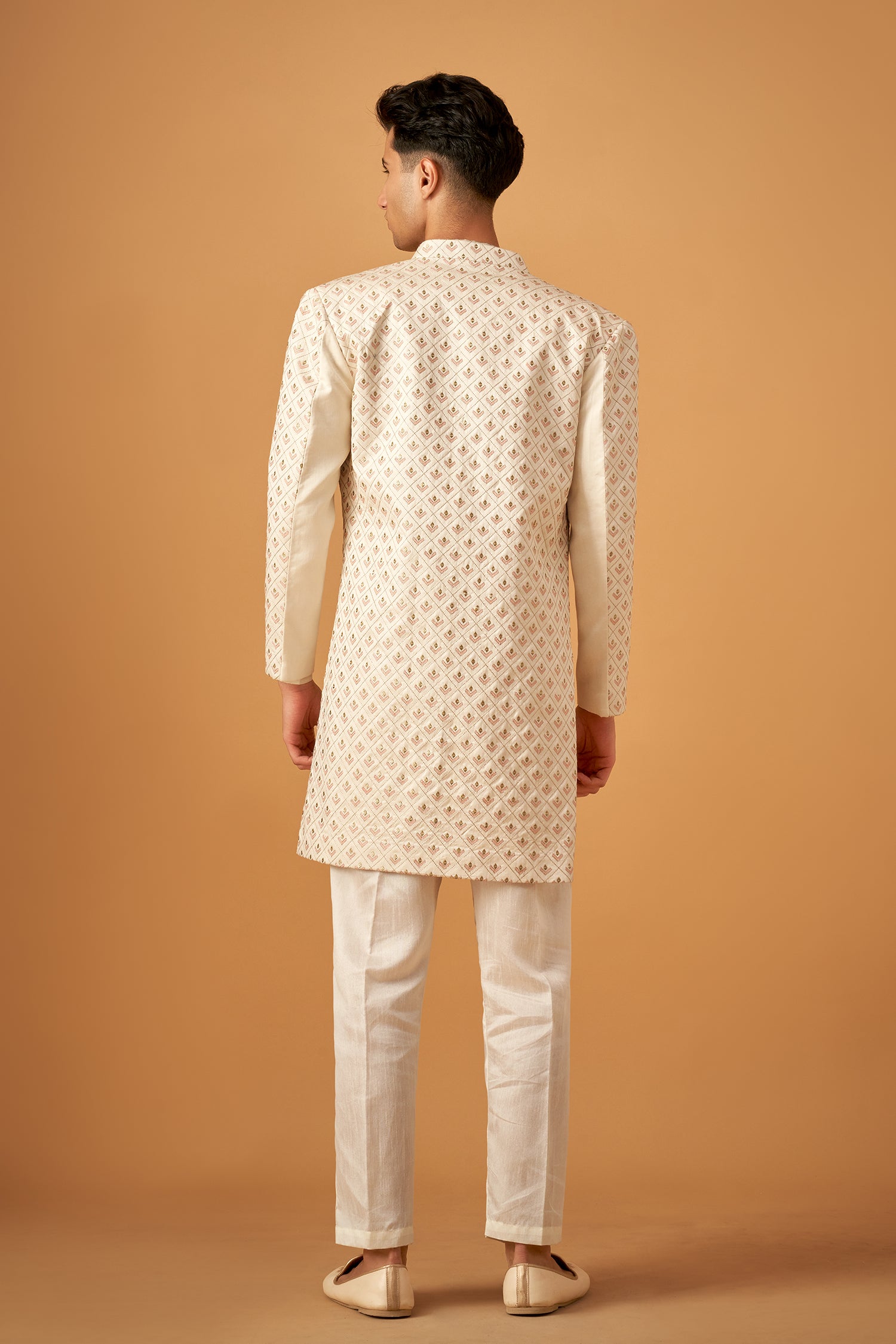 Offwhite Embroidered Sherwani Jacket And Kurta Set