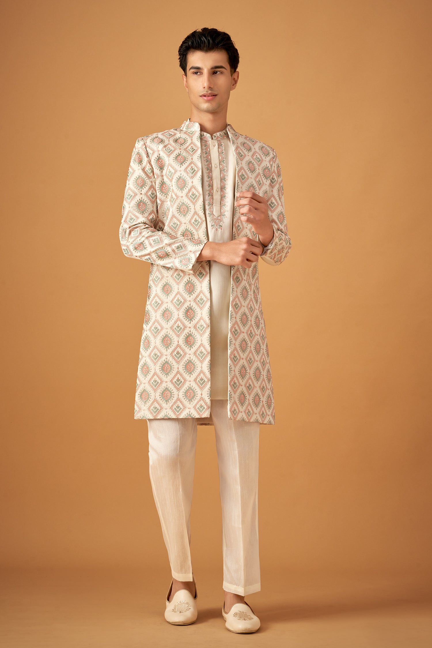 Multicolor Embroidered Sherwani Jacket And Kurta Set