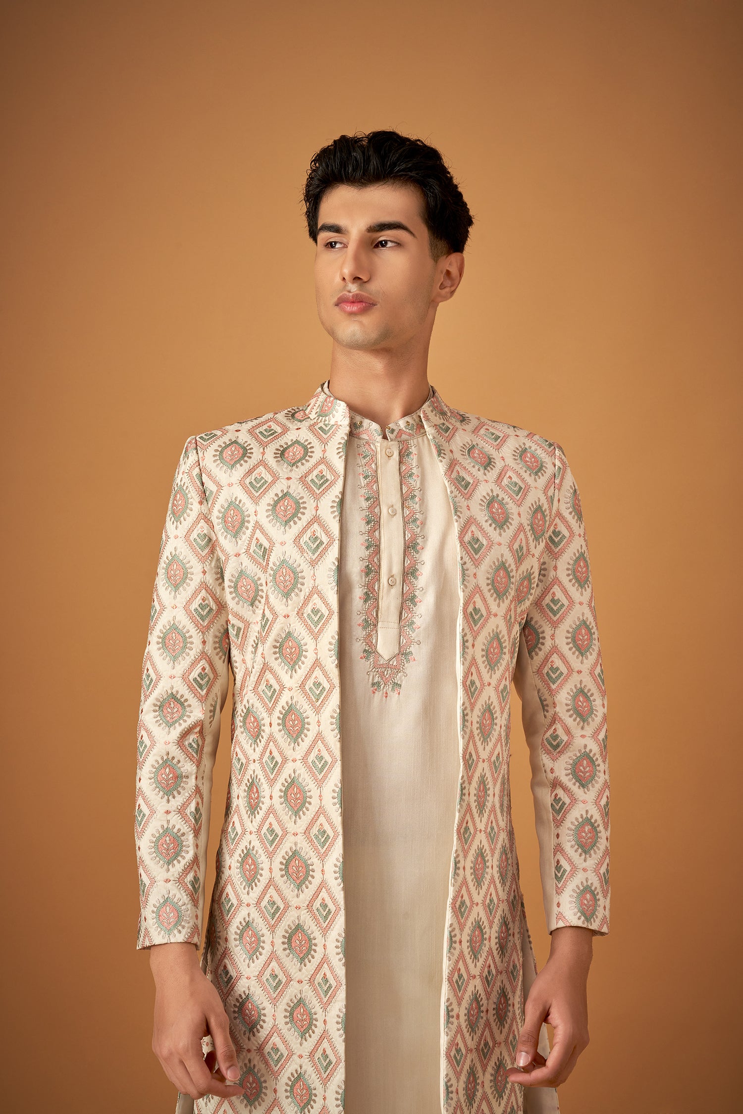 Multicolor Embroidered Sherwani Jacket And Kurta Set