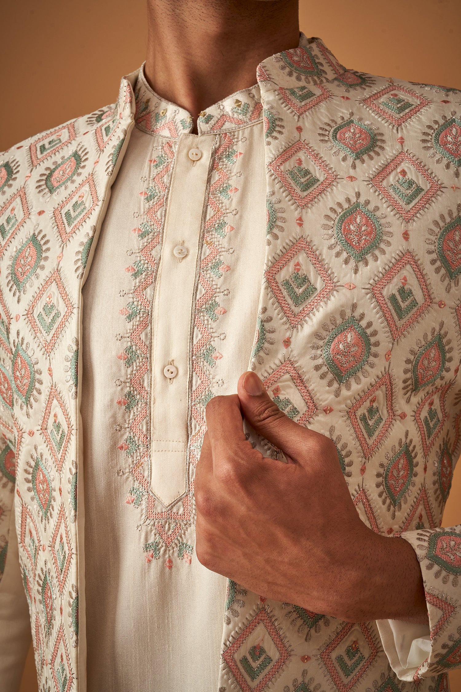 Multicolor Embroidered Sherwani Jacket And Kurta Set