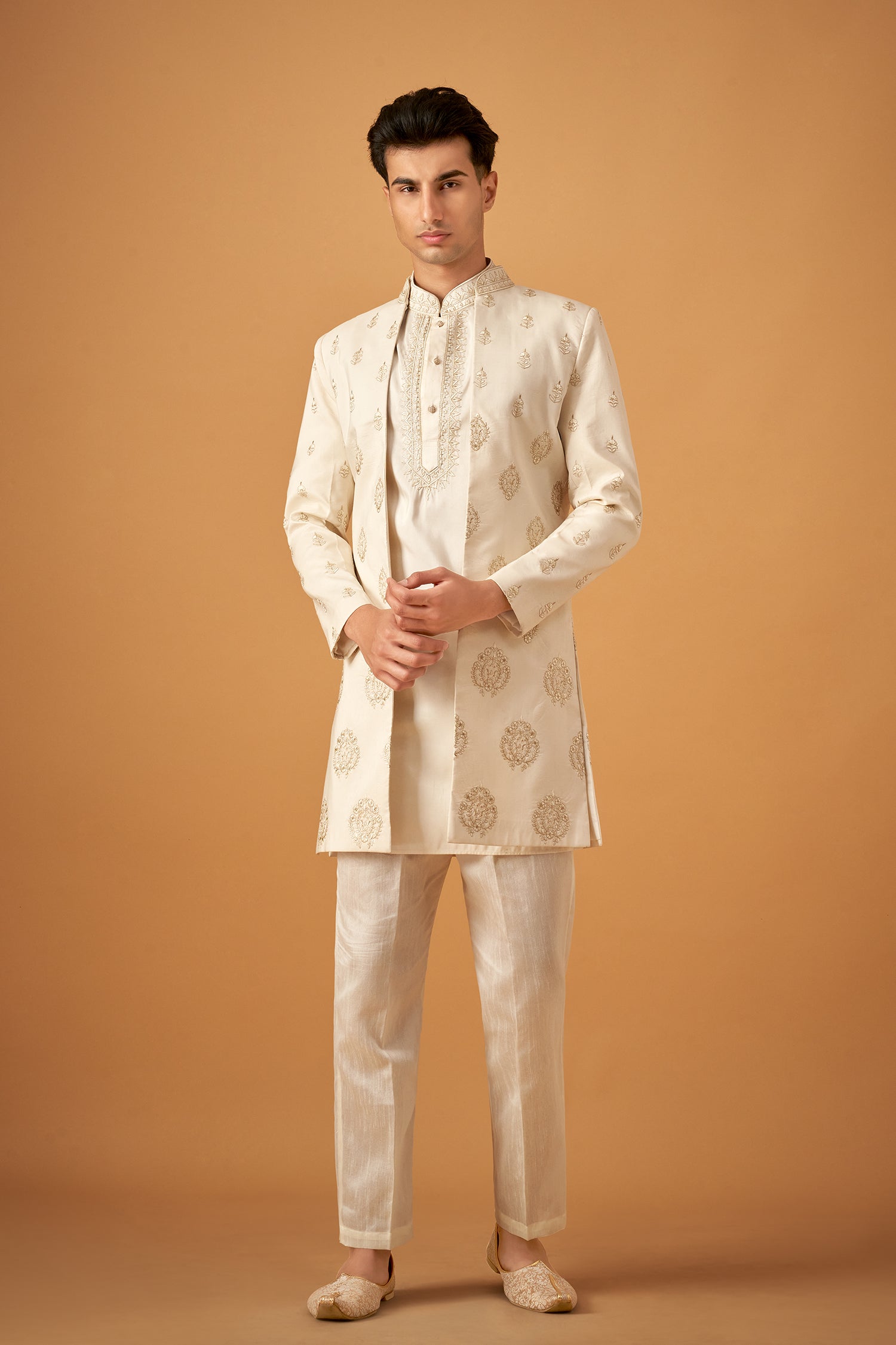 Offwhite Embroidered Sherwani Jacket And Kurta Set