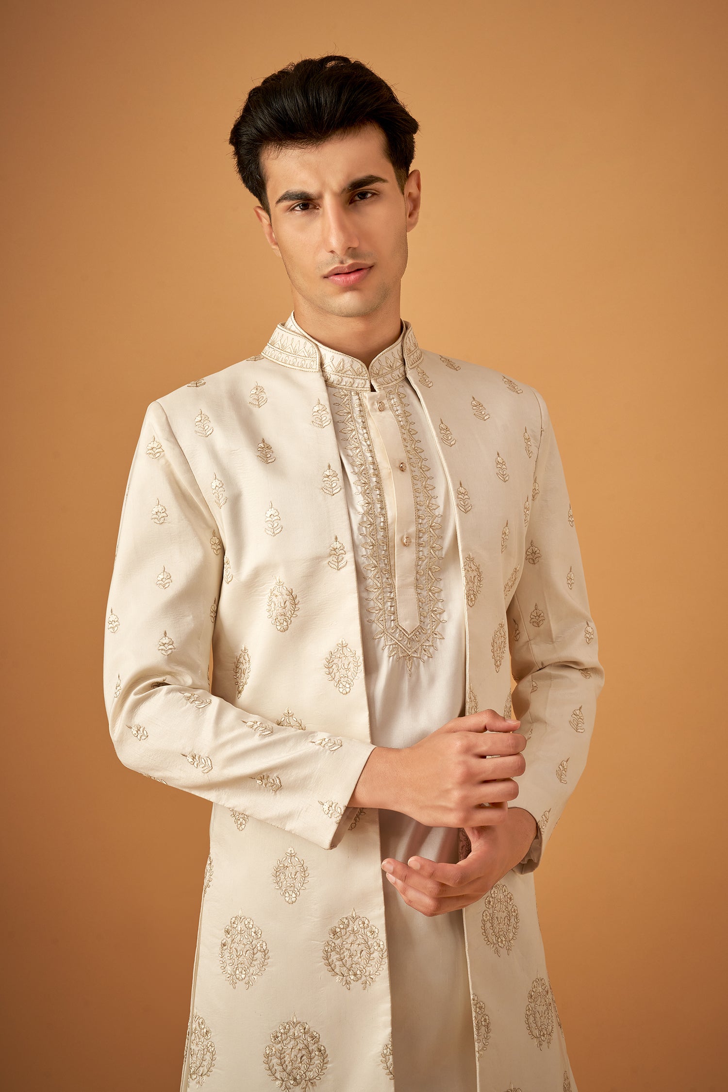 Offwhite Embroidered Sherwani Jacket And Kurta Set