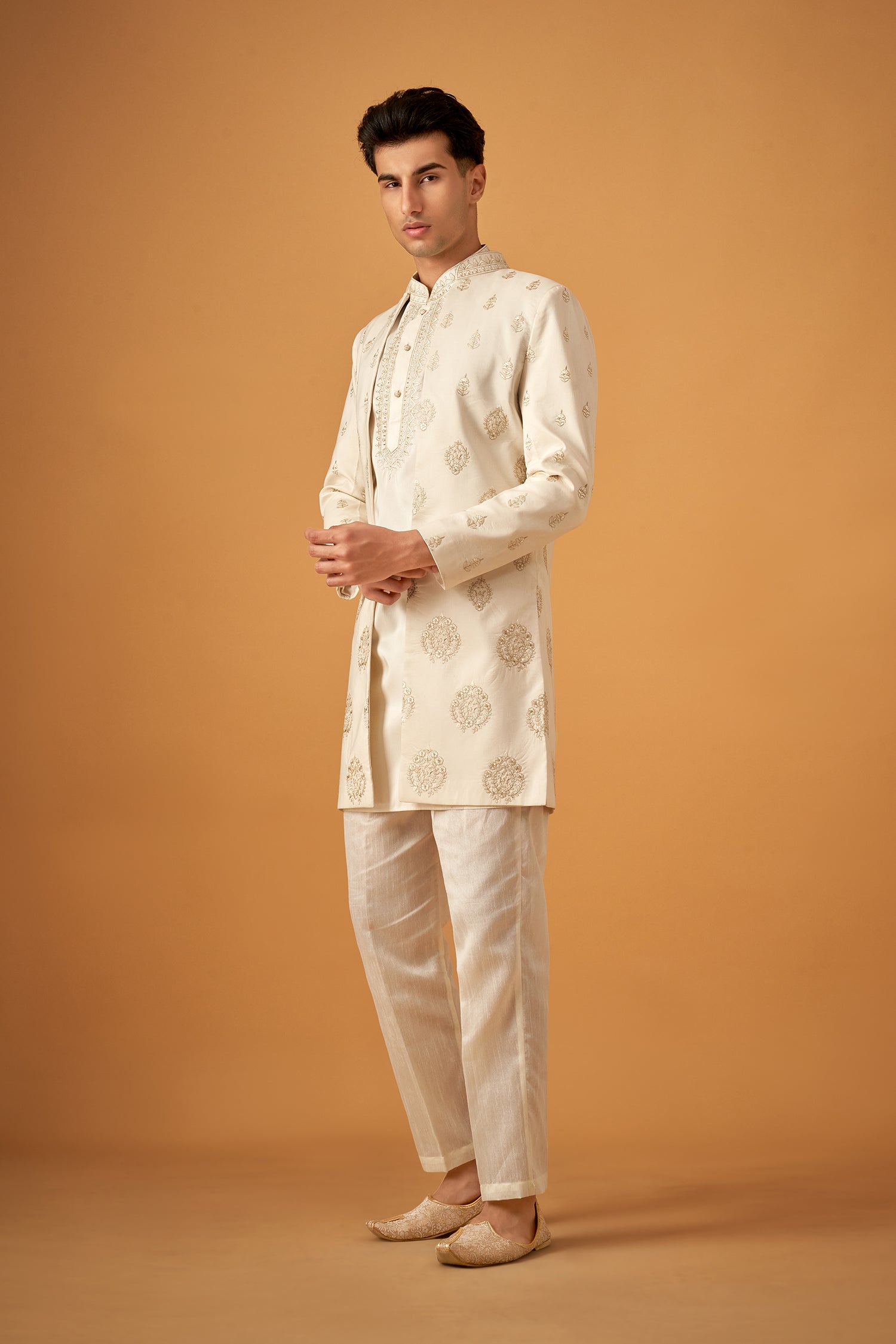 Offwhite Embroidered Sherwani Jacket And Kurta Set