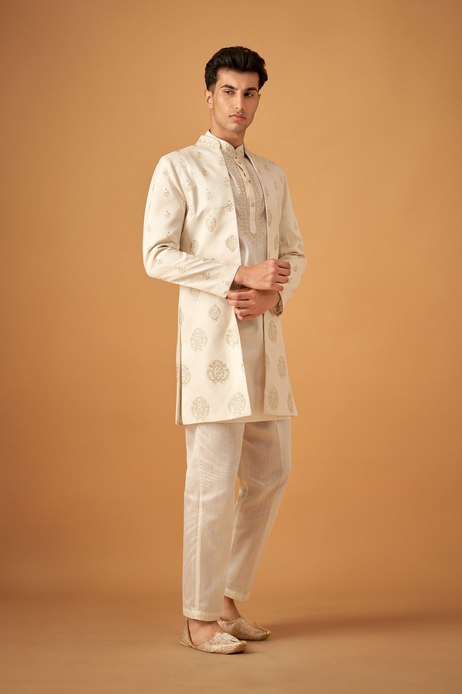 Offwhite Embroidered Sherwani Jacket And Kurta Set