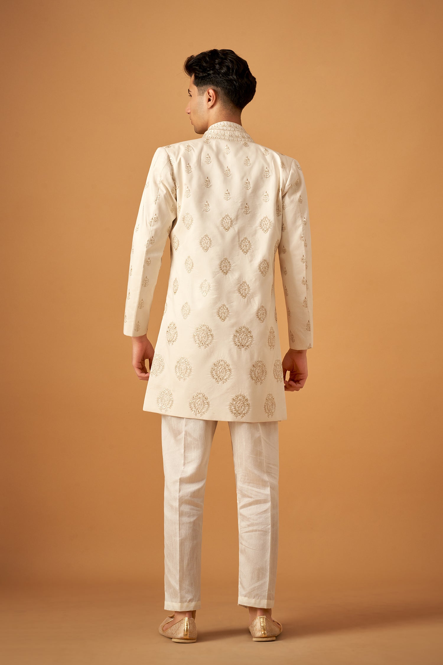 Offwhite Embroidered Sherwani Jacket And Kurta Set