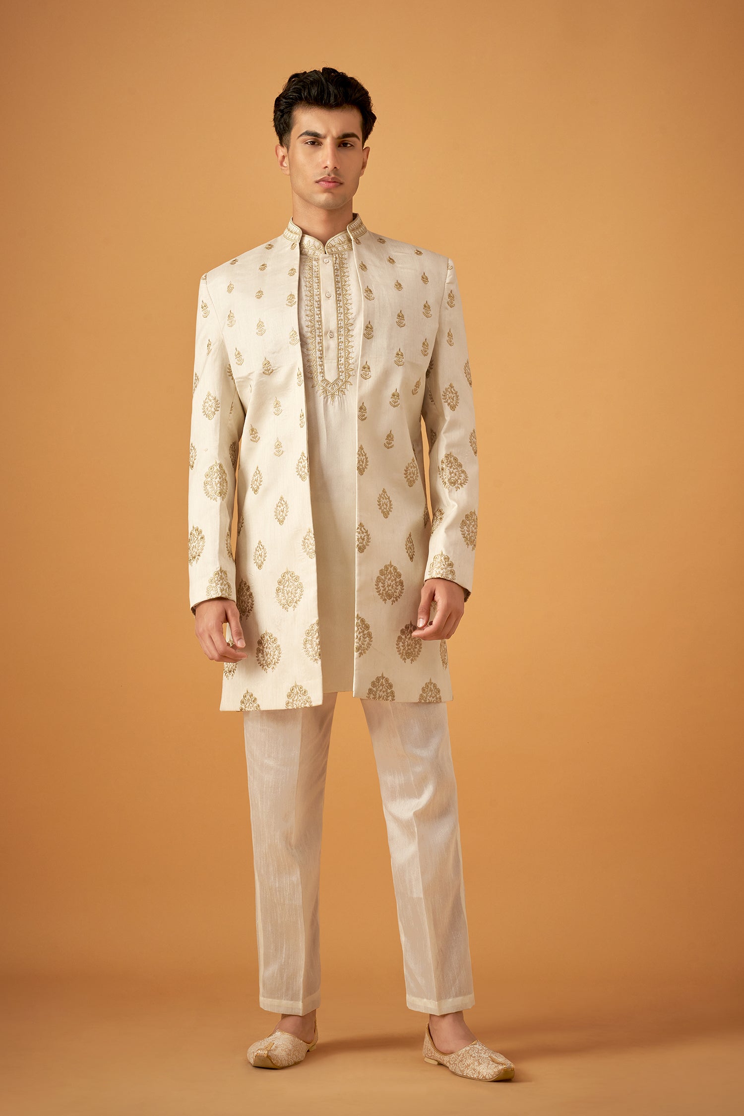 Elegant Olive Embroidered Sherwani Jacket And Kurta Set