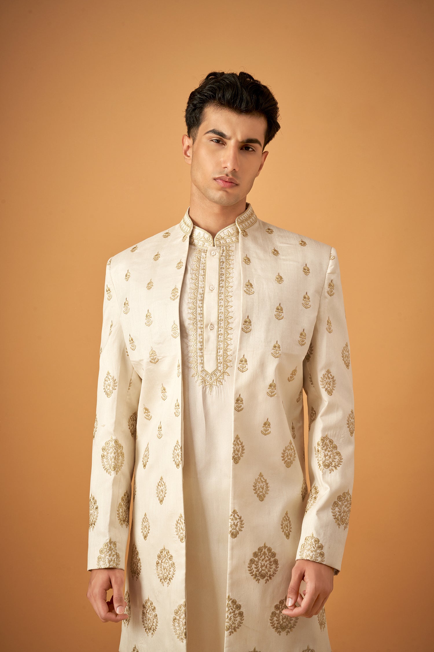 Elegant Olive Embroidered Sherwani Jacket And Kurta Set