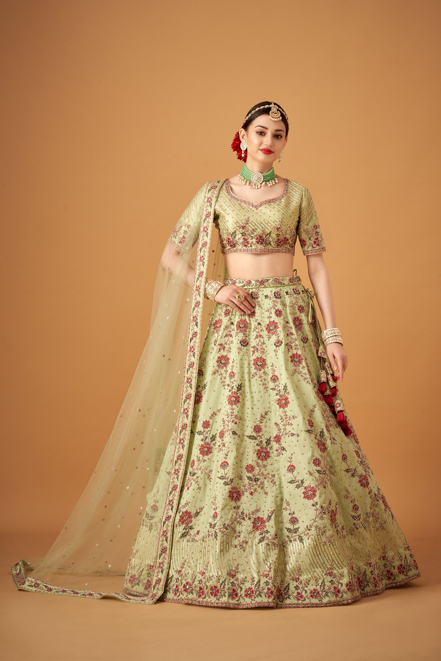 Pista Green Floral Embroidered Lehenga Set with Beadworks Embellishments
