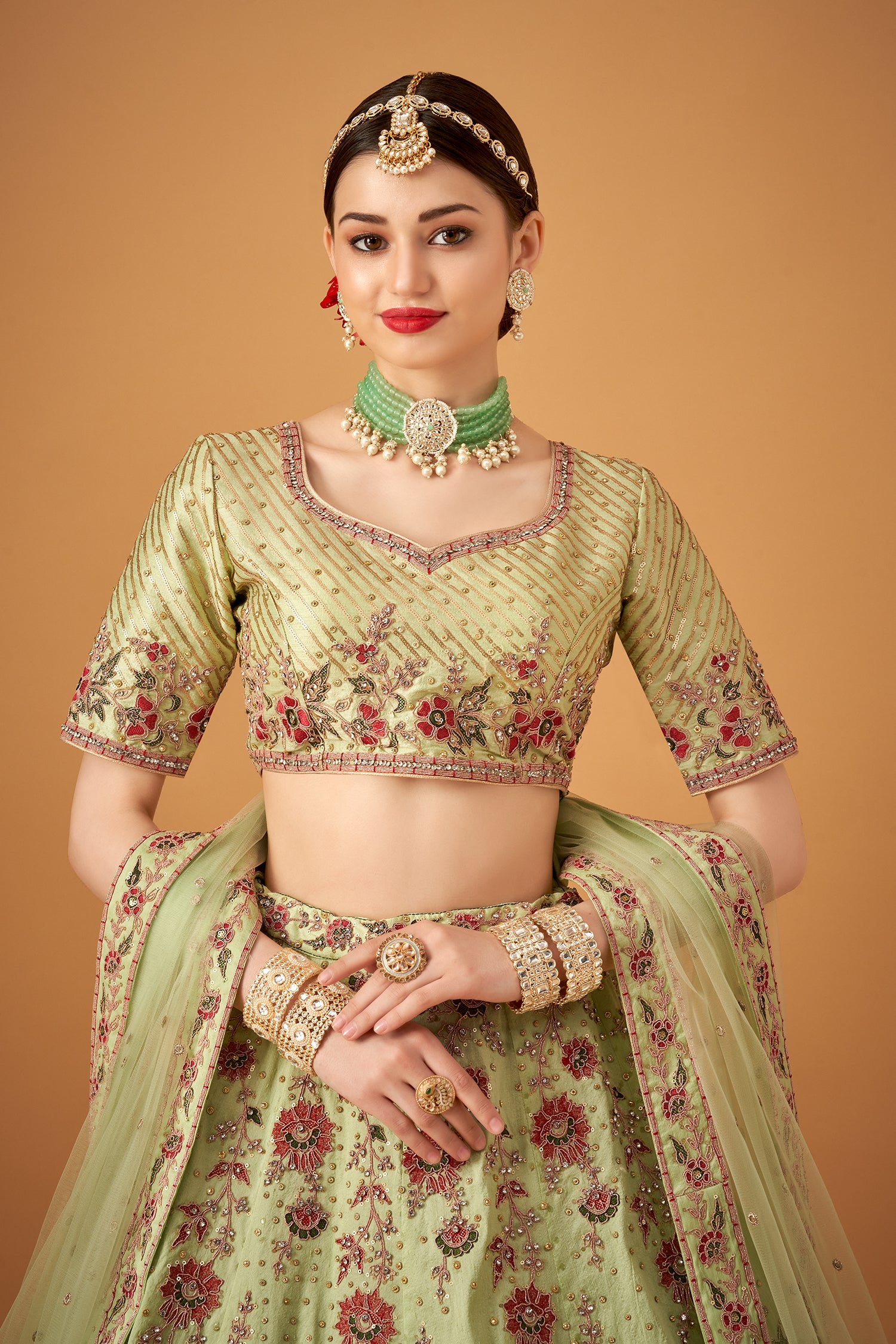Pista Green Floral Embroidered Lehenga Set with Beadworks Embellishments