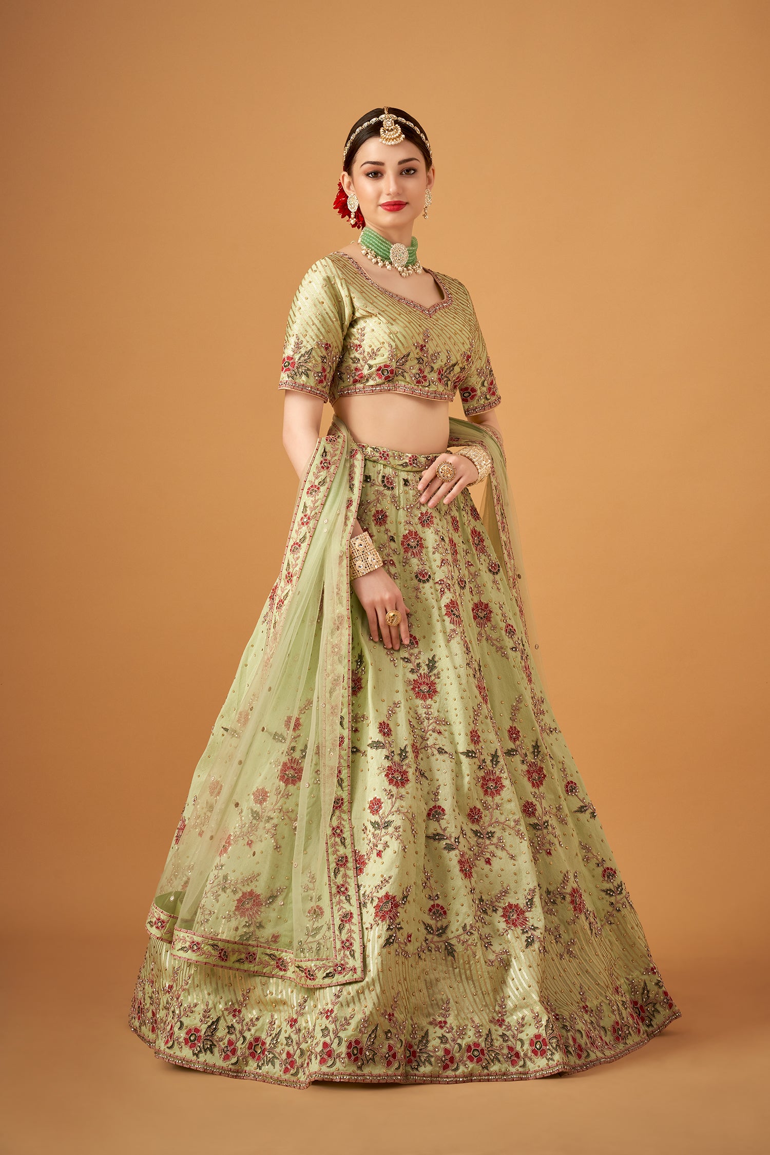Pista Green Floral Embroidered Lehenga Set with Beadworks Embellishments
