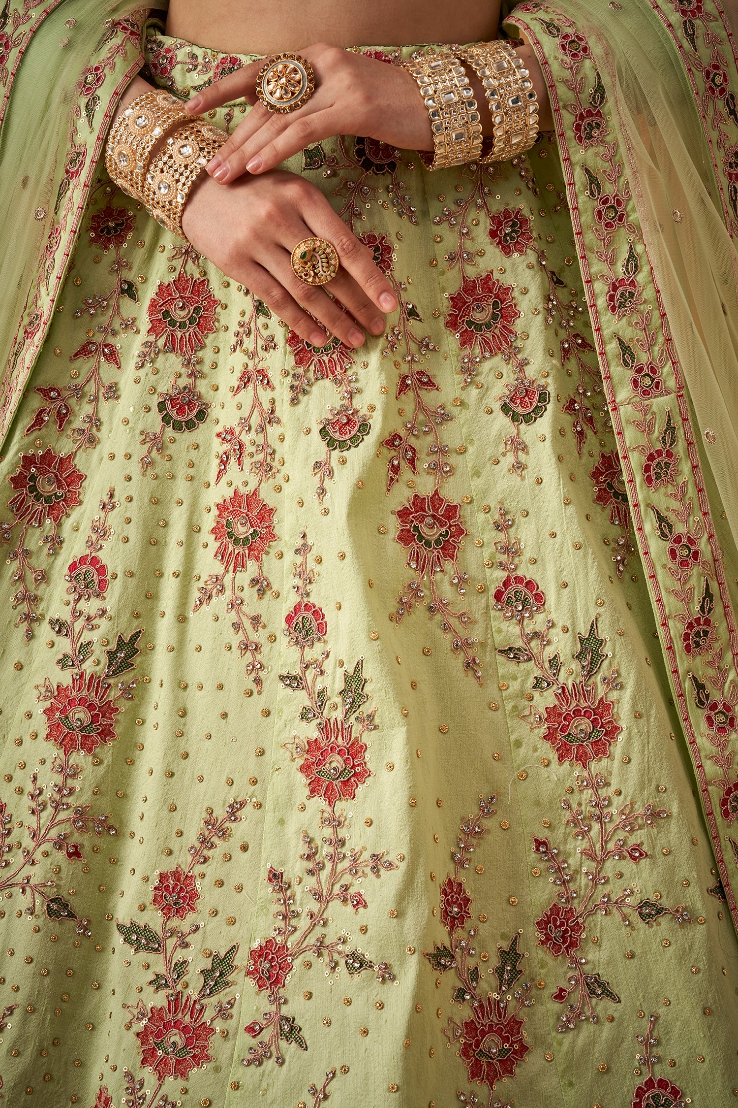 Pista Green Floral Embroidered Lehenga Set with Beadworks Embellishments