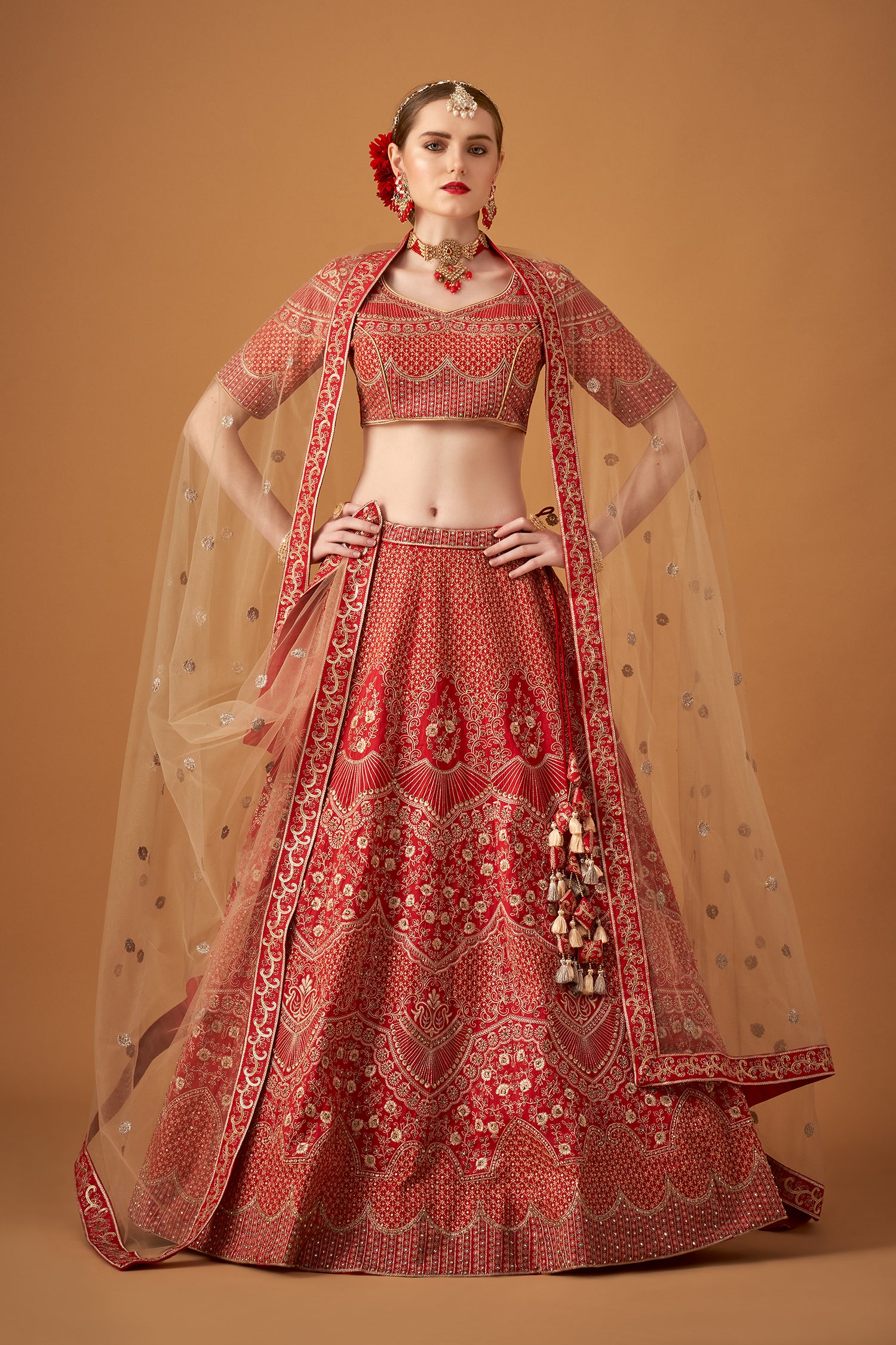 Cherry Red Lehenga with Golden Floral Embroidery