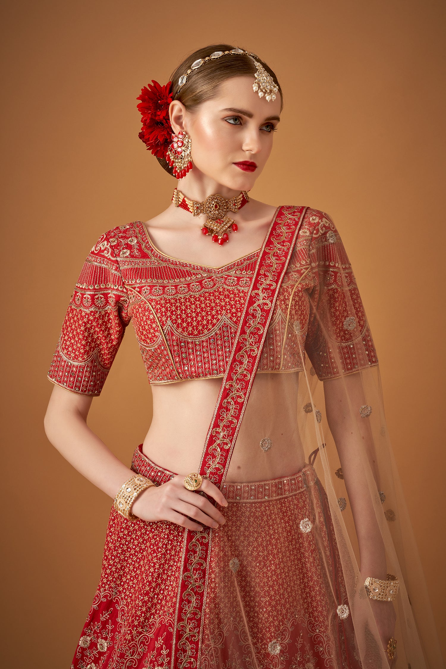 Cherry Red Lehenga with Golden Floral Embroidery