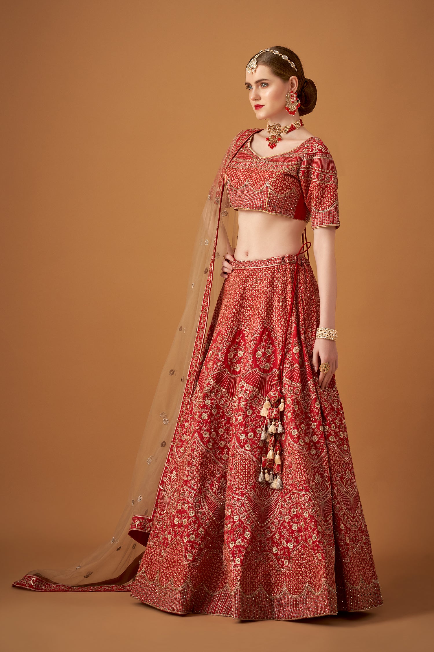 Cherry Red Lehenga with Golden Floral Embroidery