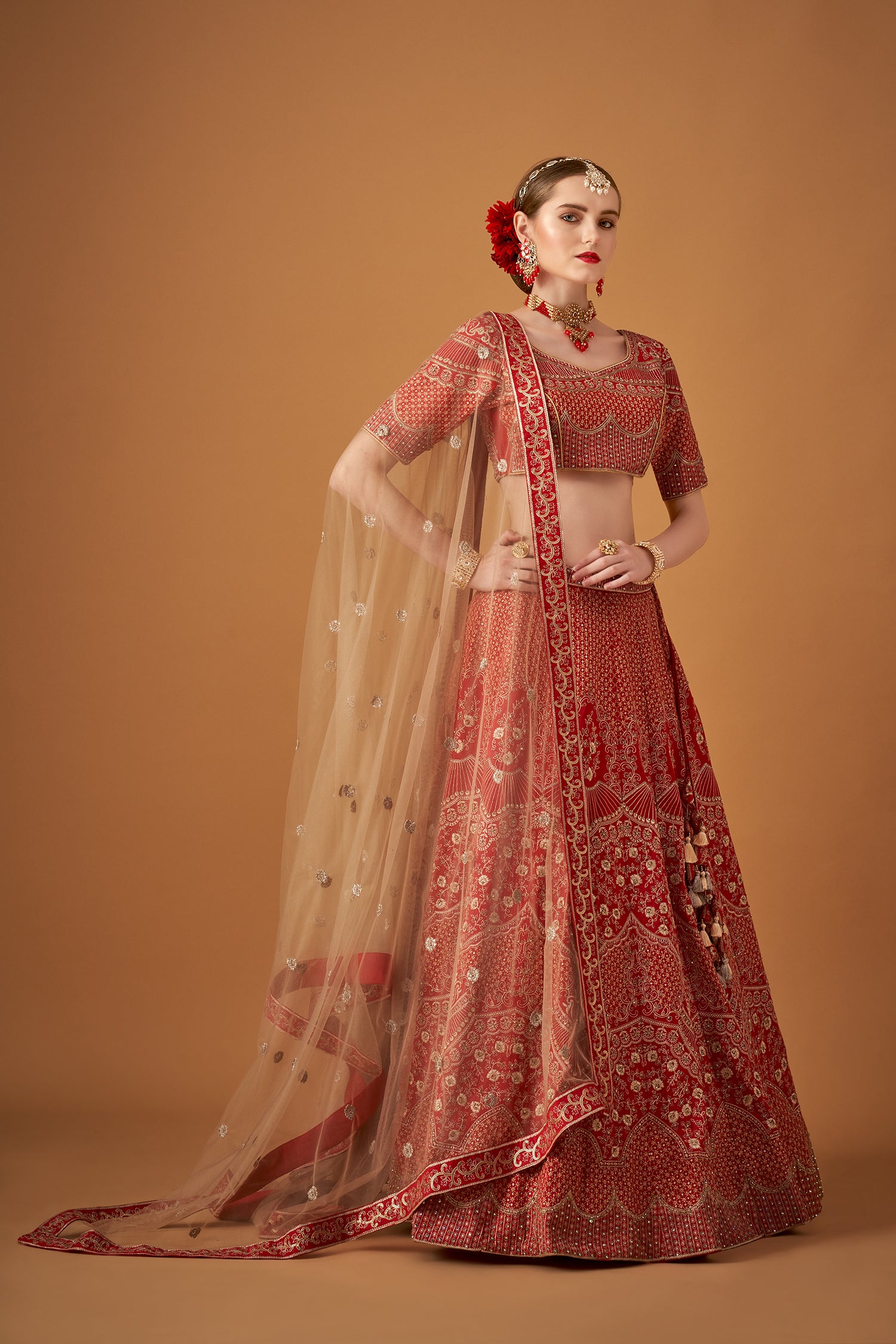 Cherry Red Lehenga with Golden Floral Embroidery