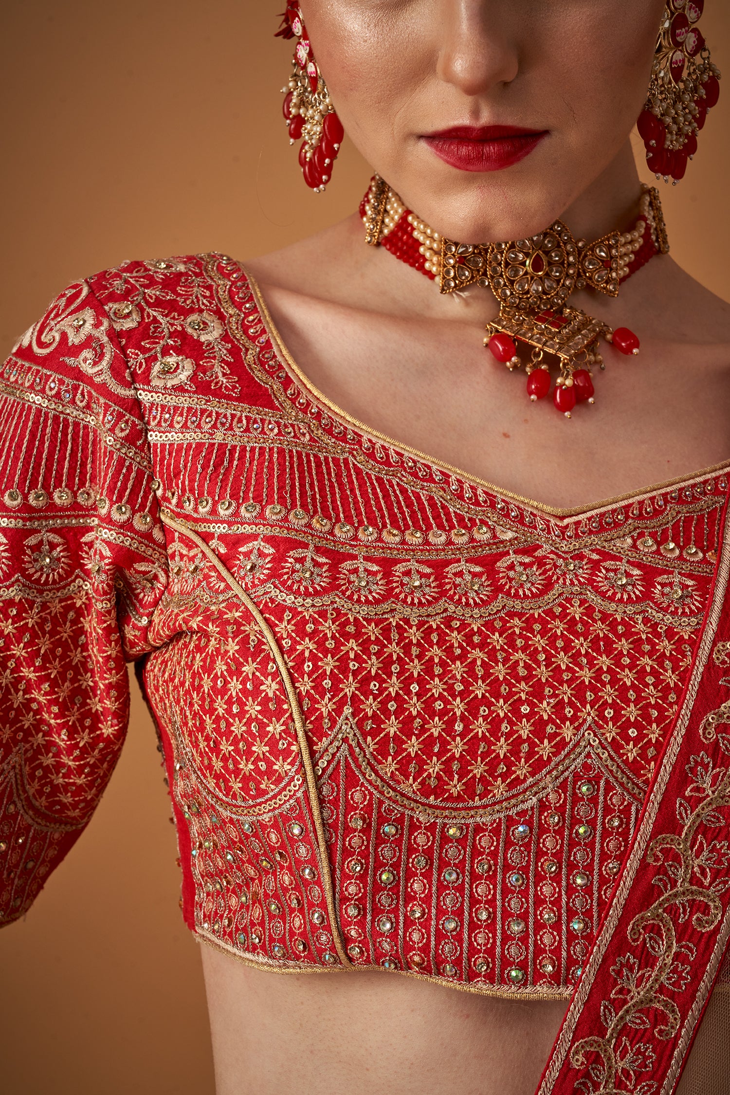 Cherry Red Lehenga with Golden Floral Embroidery
