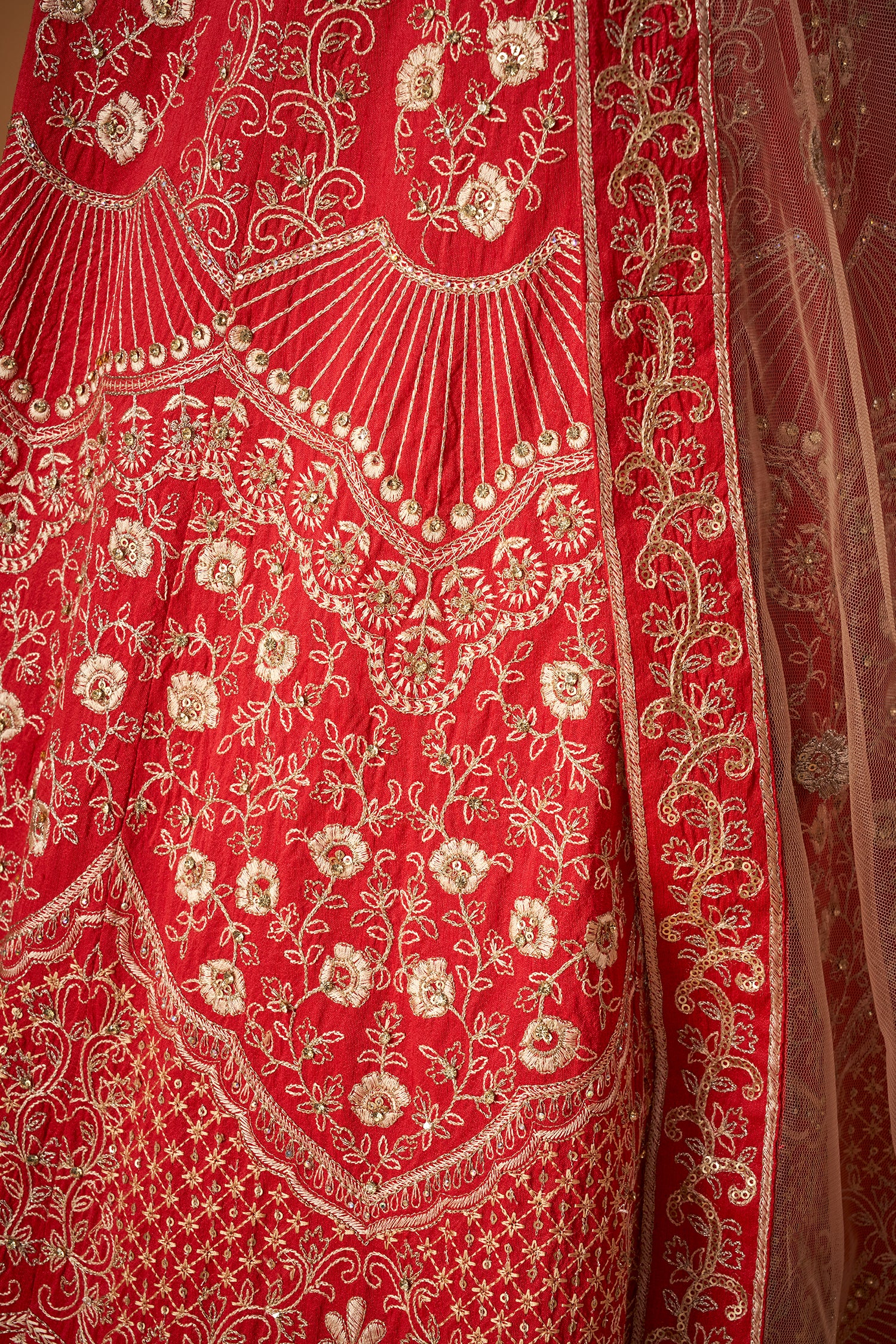 Cherry Red Lehenga with Golden Floral Embroidery