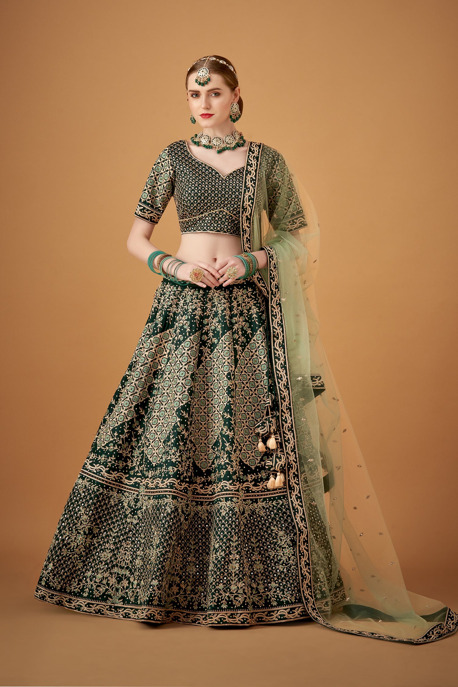 Mehendi Green Embroidered Lehenga Set with Stonework Embellishments