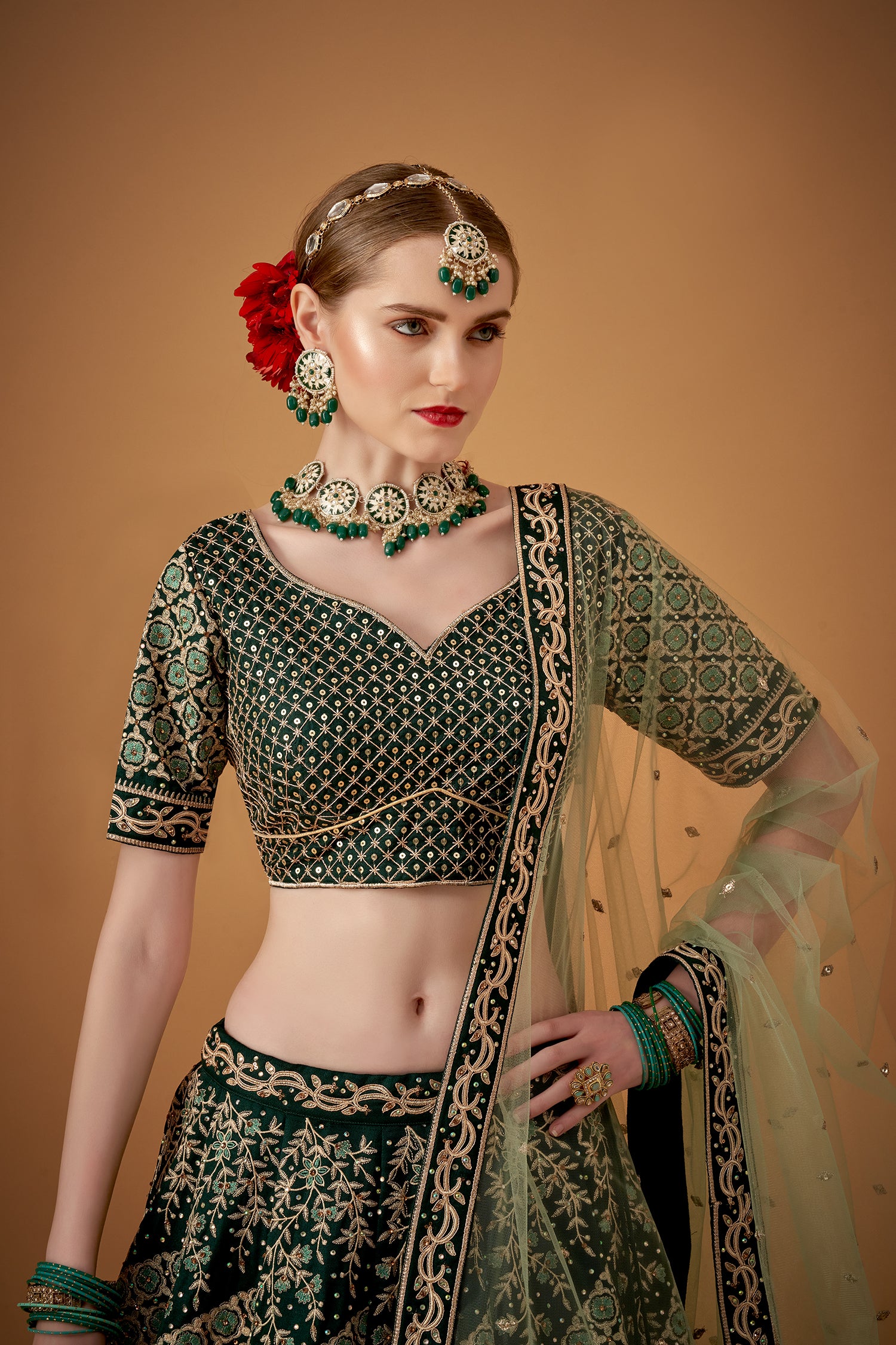 Mehendi Green Embroidered Lehenga Set with Stonework Embellishments