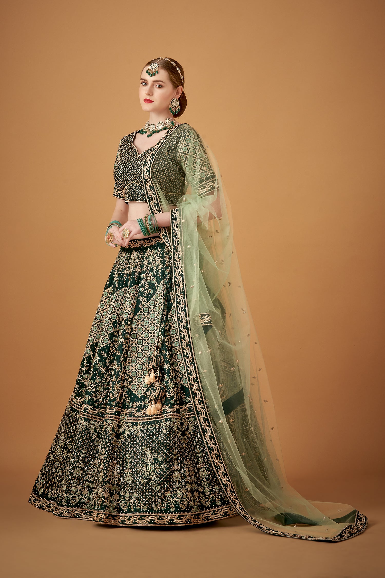 Mehendi Green Embroidered Lehenga Set with Stonework Embellishments
