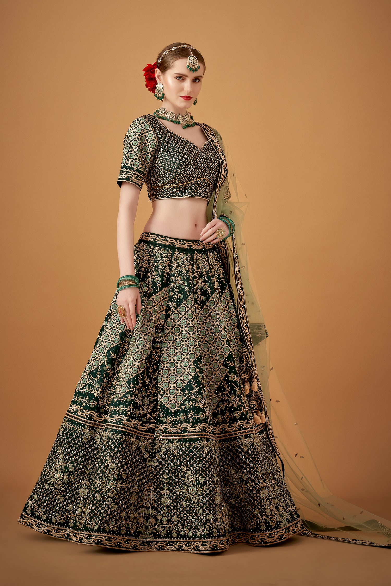 Mehendi Green Embroidered Lehenga Set with Stonework Embellishments