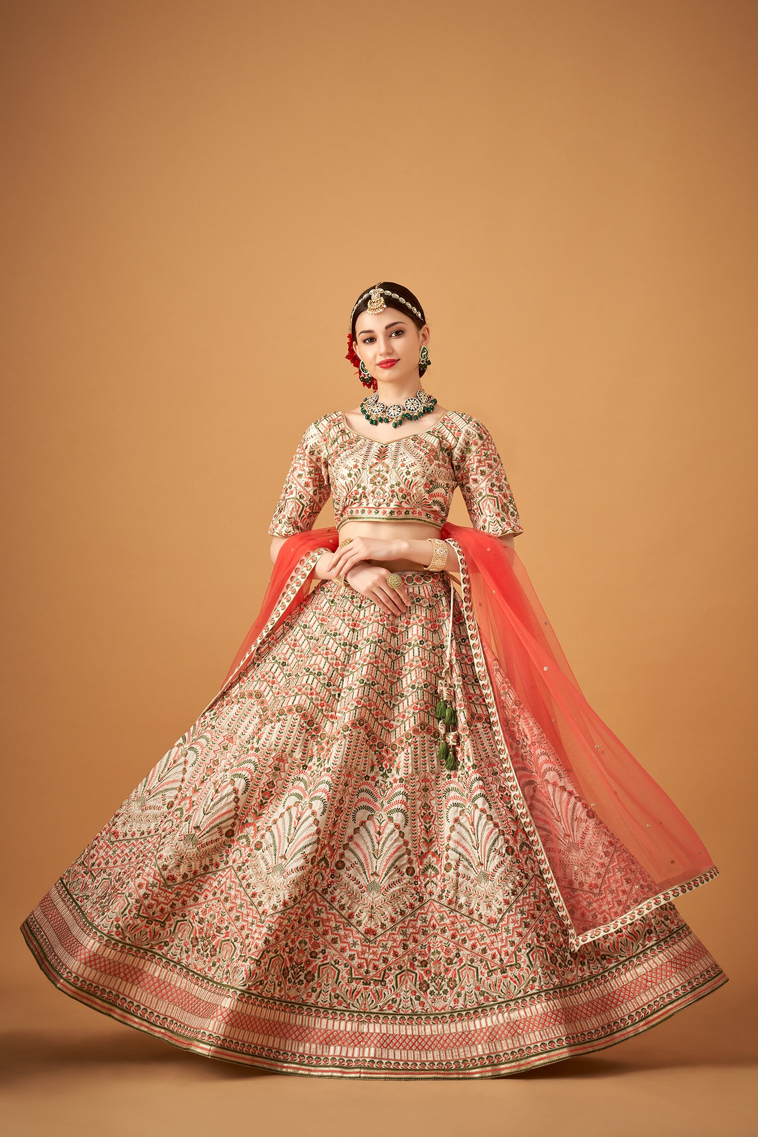 Snow White Floral Embroidered Lehenga Set with Beadwork Embellishments