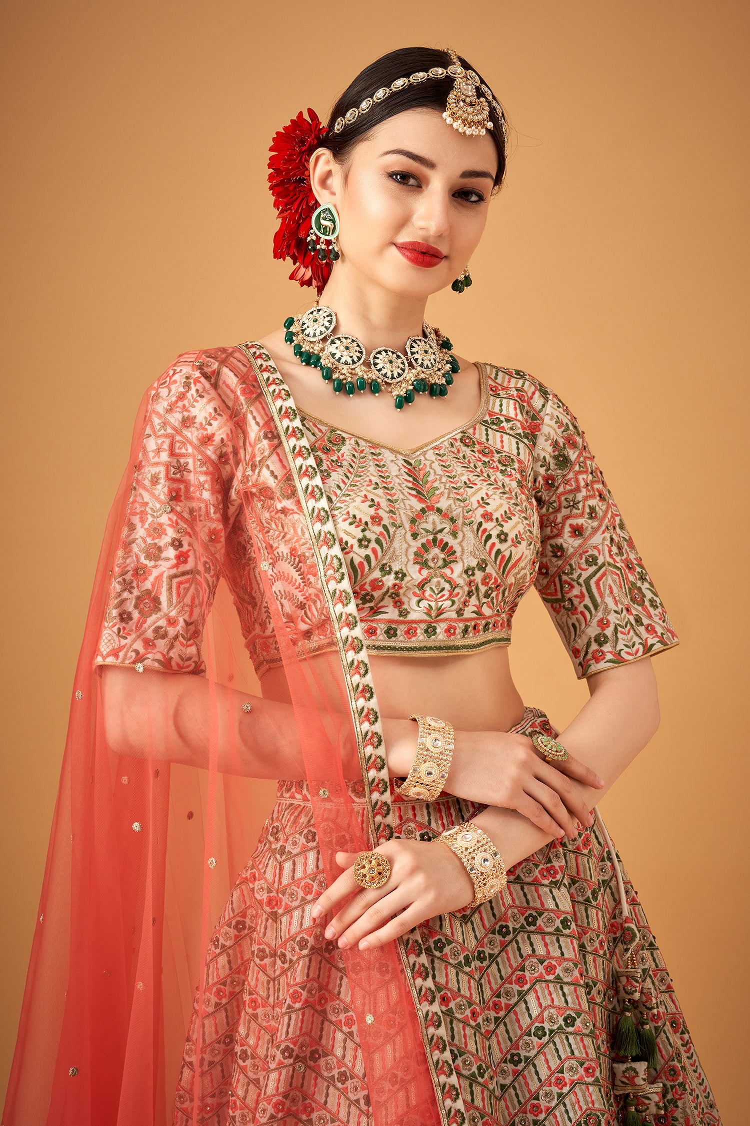 Snow White Floral Embroidered Lehenga Set with Beadwork Embellishments