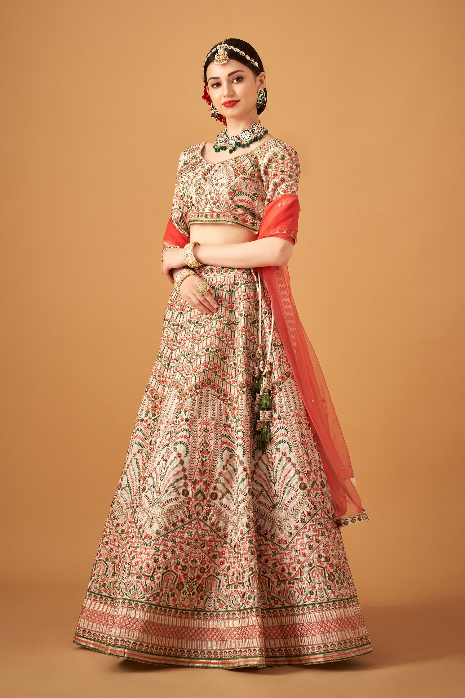 Snow White Floral Embroidered Lehenga Set with Beadwork Embellishments