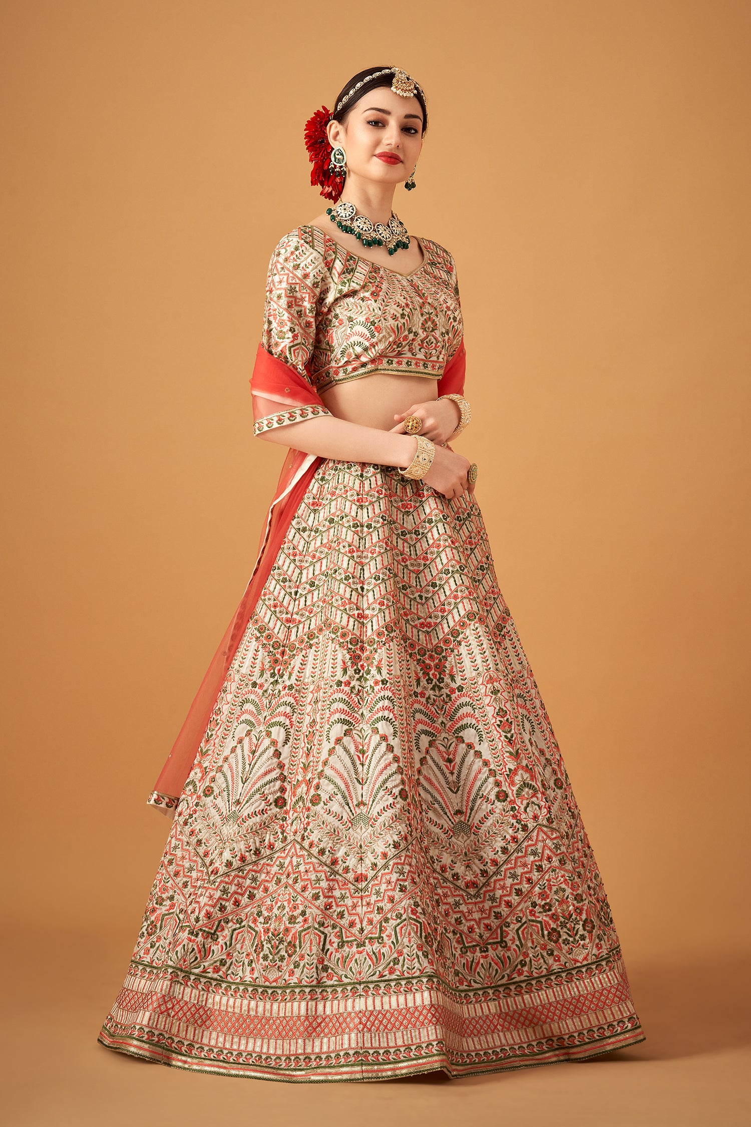 Snow White Floral Embroidered Lehenga Set with Beadwork Embellishments