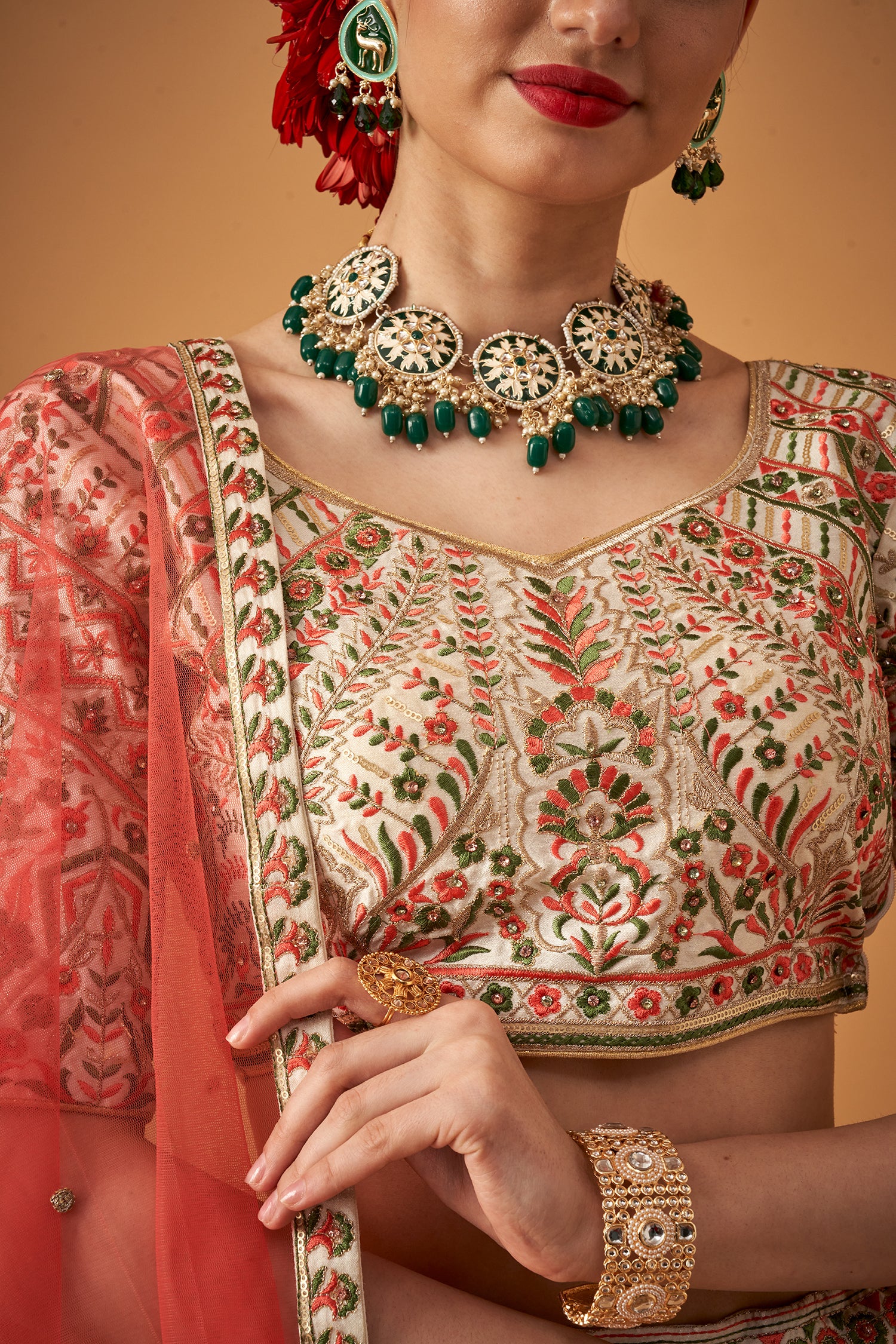 Snow White Floral Embroidered Lehenga Set with Beadwork Embellishments