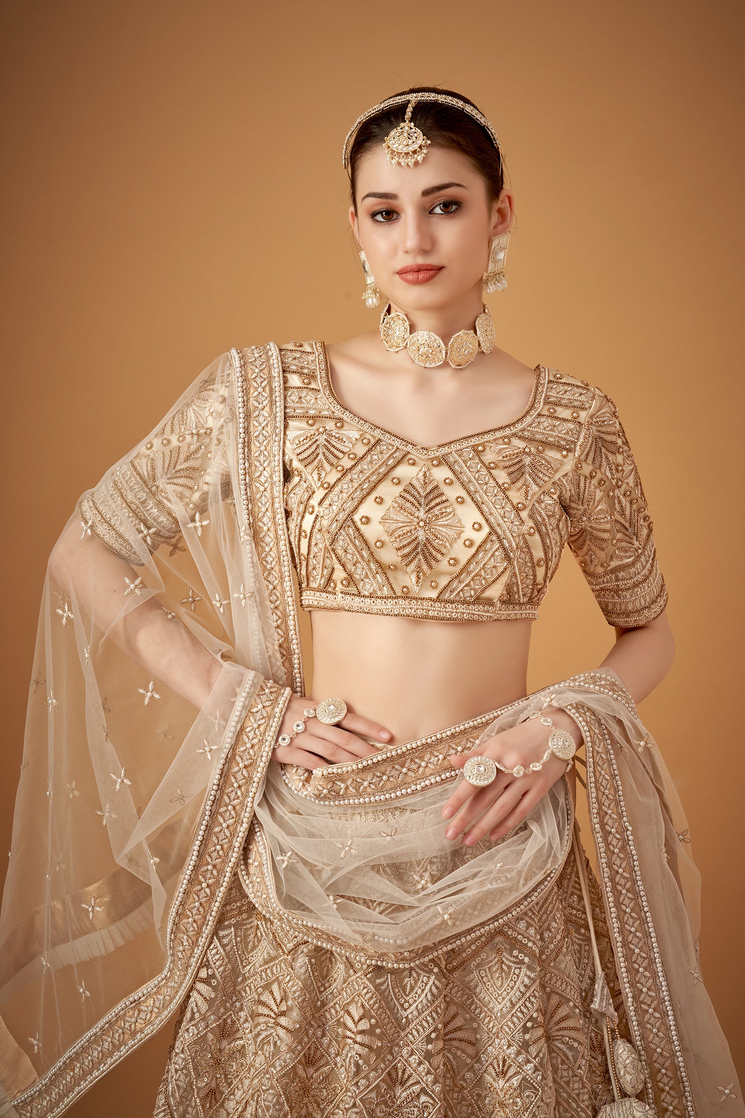 Beige Handwork Bridal Lehenga Set