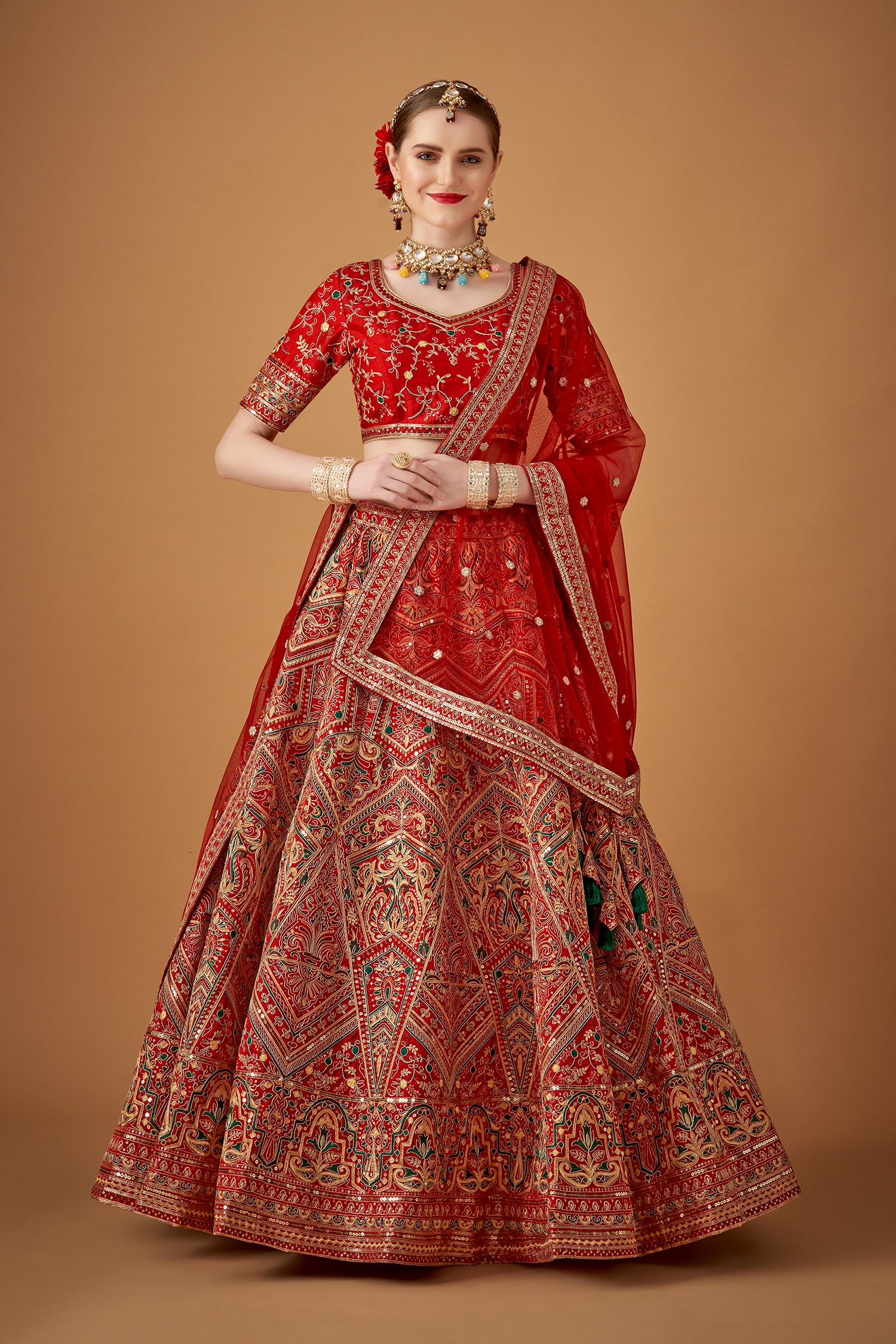 Red Traditional Embroidered Lehenga Set