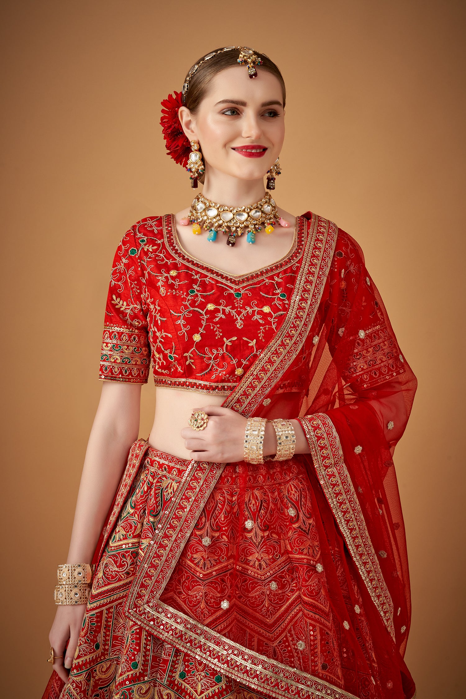 Red Traditional Embroidered Lehenga Set