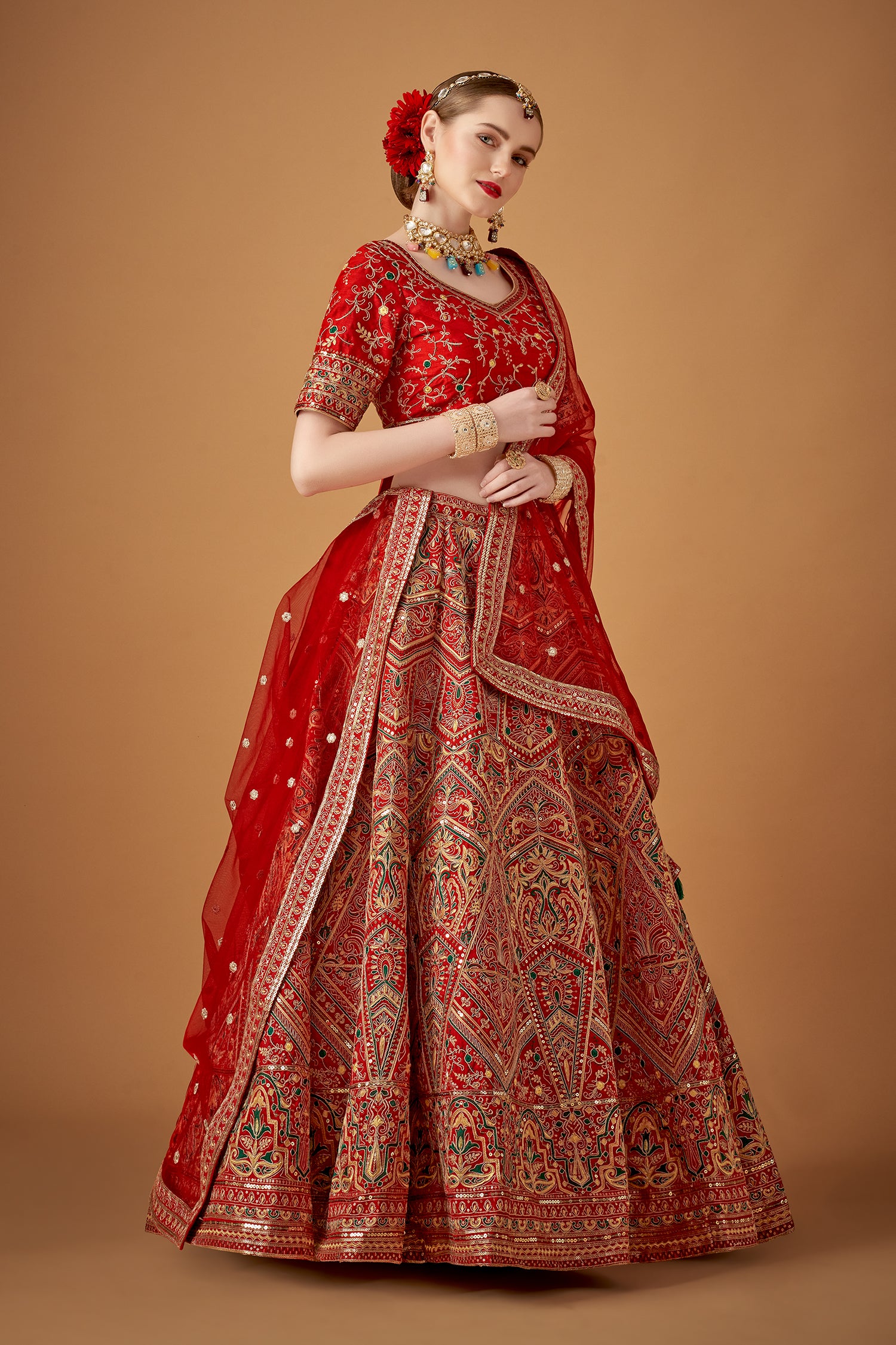 Red Traditional Embroidered Lehenga Set