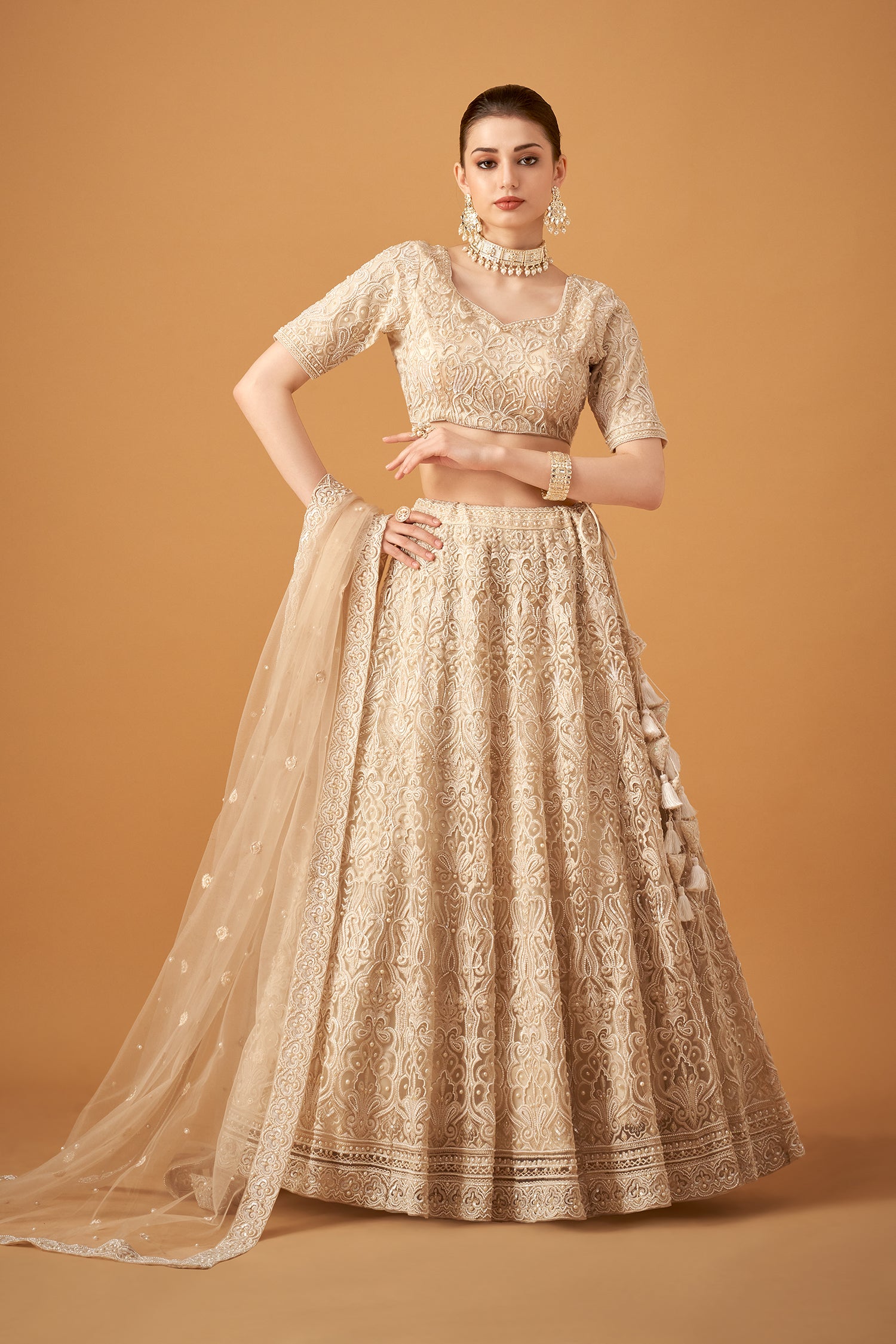 Pearl White Handwork Bridal Lehenga Set