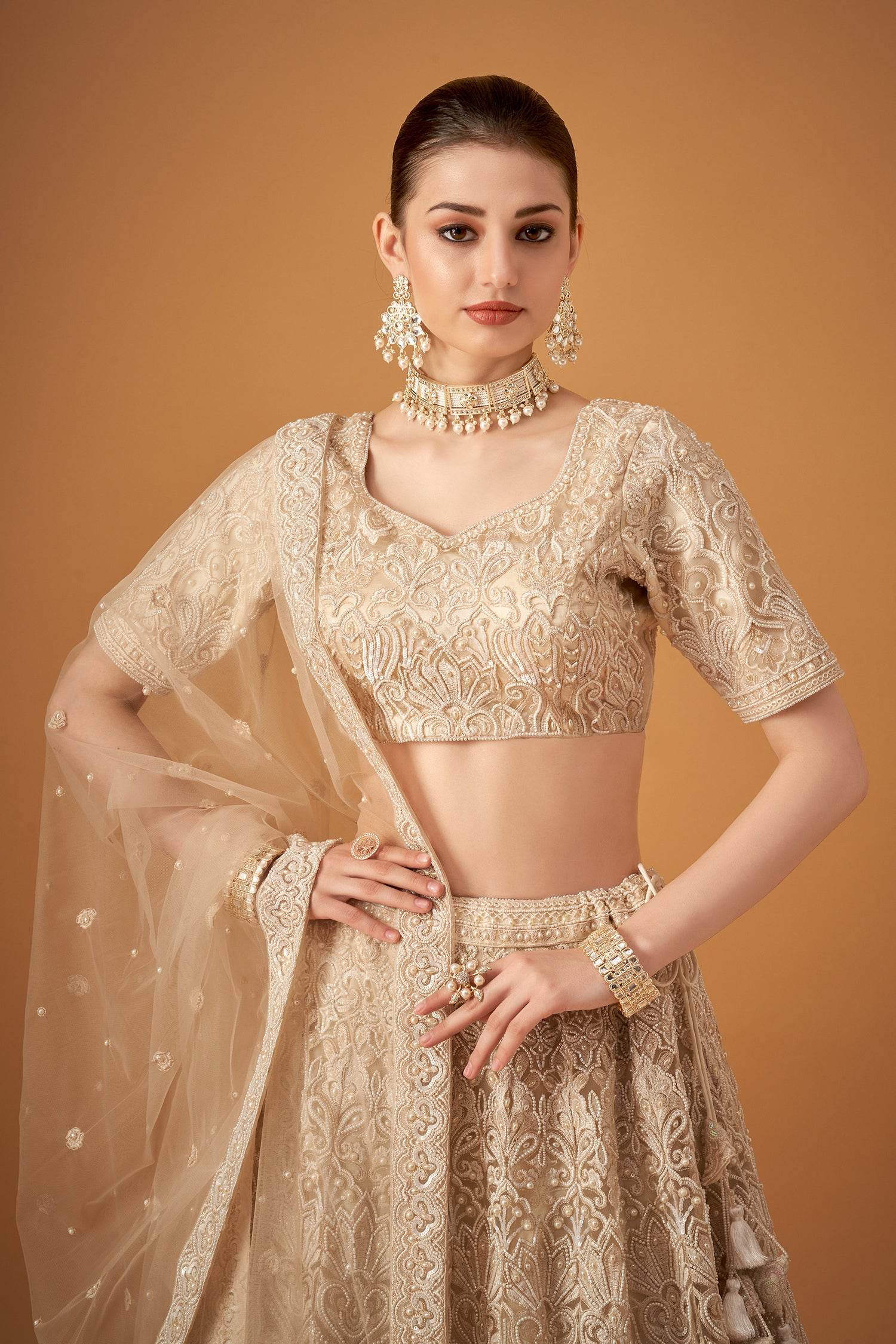 Pearl White Handwork Bridal Lehenga Set
