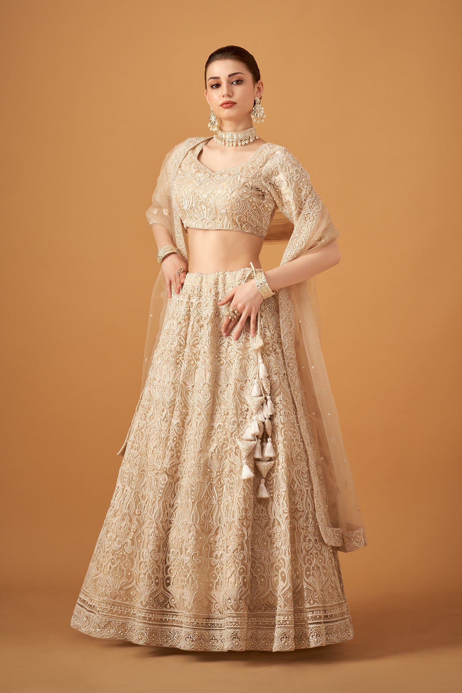 Pearl White Handwork Bridal Lehenga Set