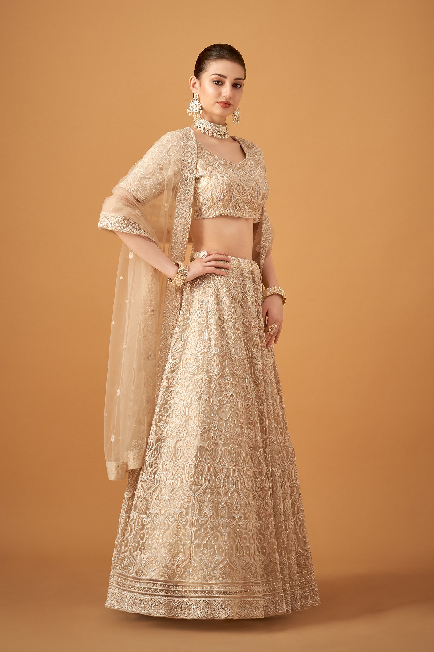Pearl White Handwork Bridal Lehenga Set