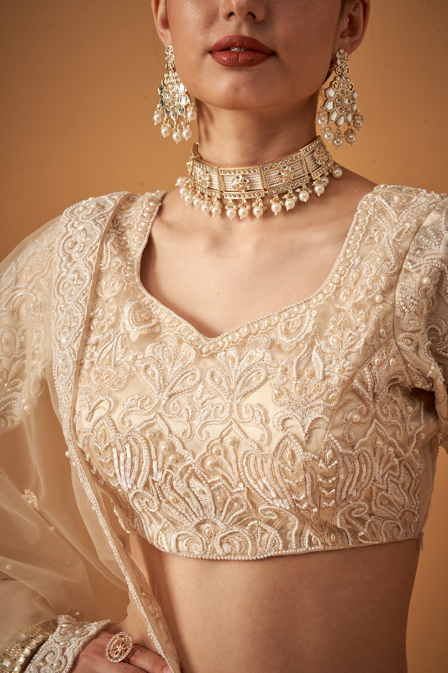 Pearl White Handwork Bridal Lehenga Set