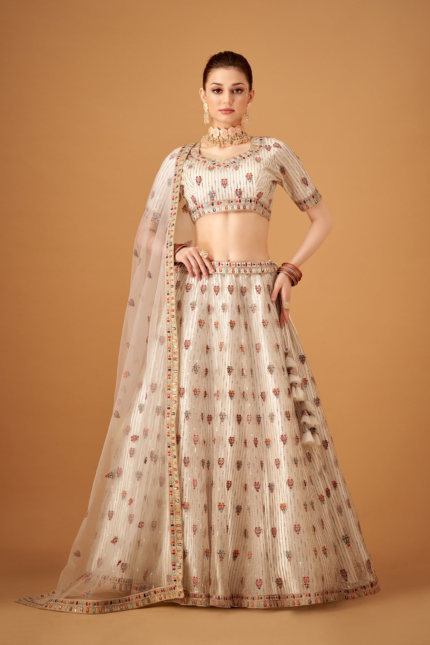 White Embroidered Lehenga And Blouse Set