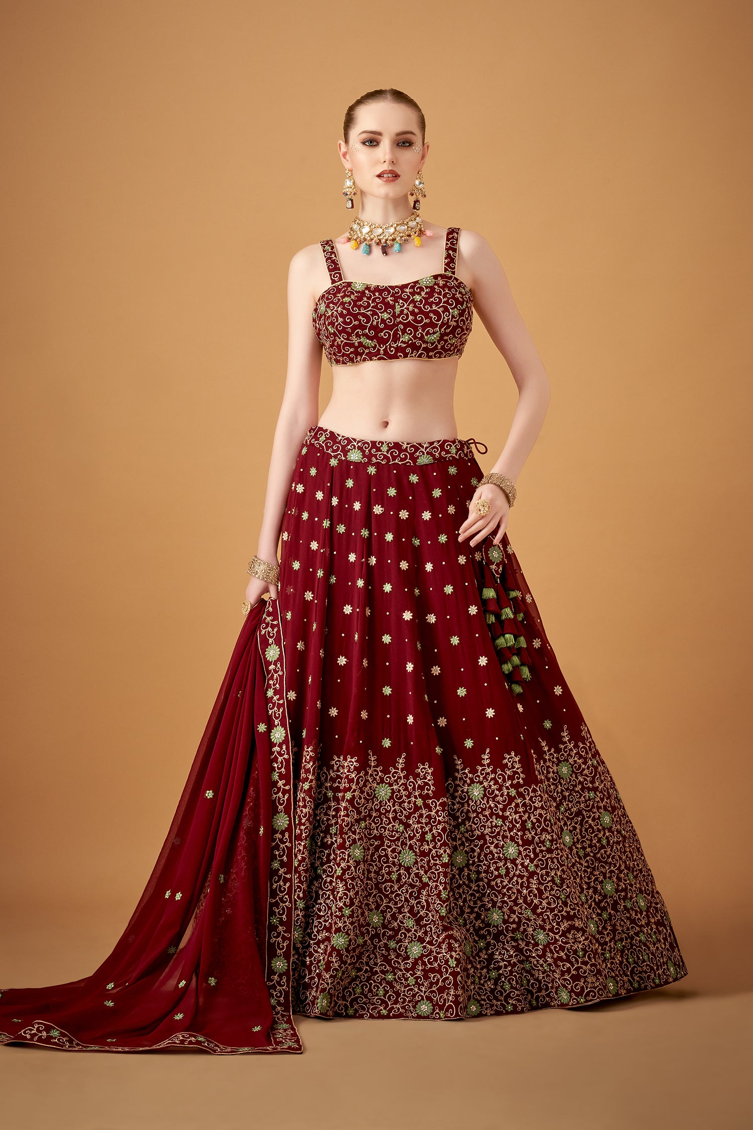 Wine Georgette Embroidered Lehenga Set With Beadworks Embellishments