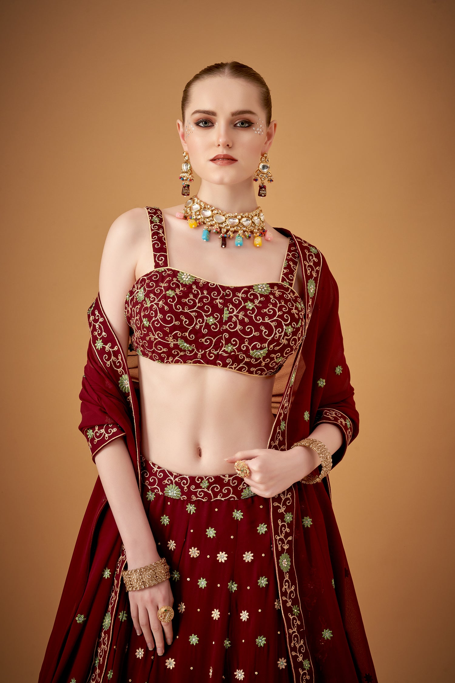 Wine Georgette Embroidered Lehenga Set With Beadworks Embellishments